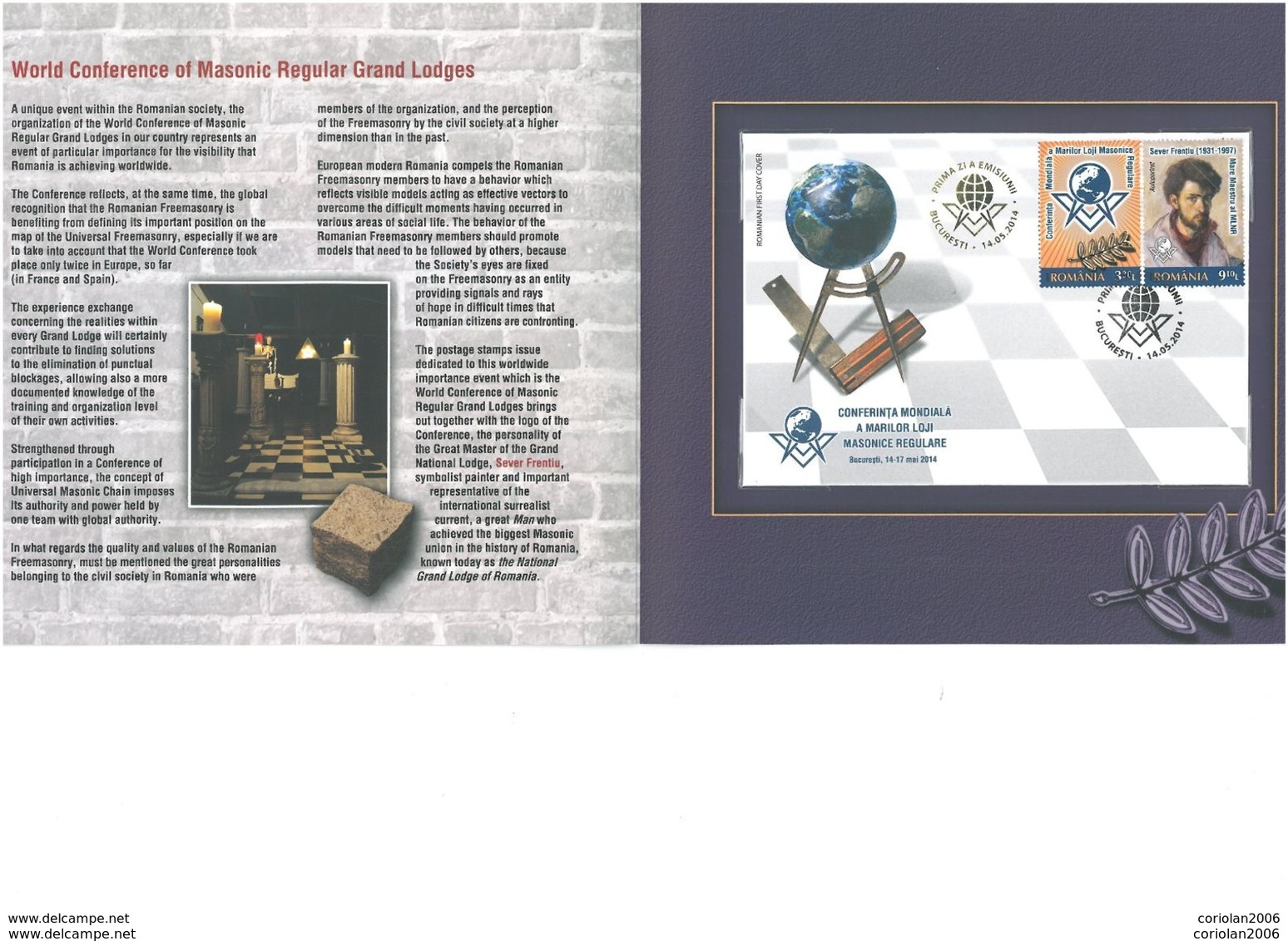 Romania 2014 / World Conference Of Masonic Regular Grand Lodges / Philatelic Album With Special Block () And Special FDC - Franc-Maçonnerie