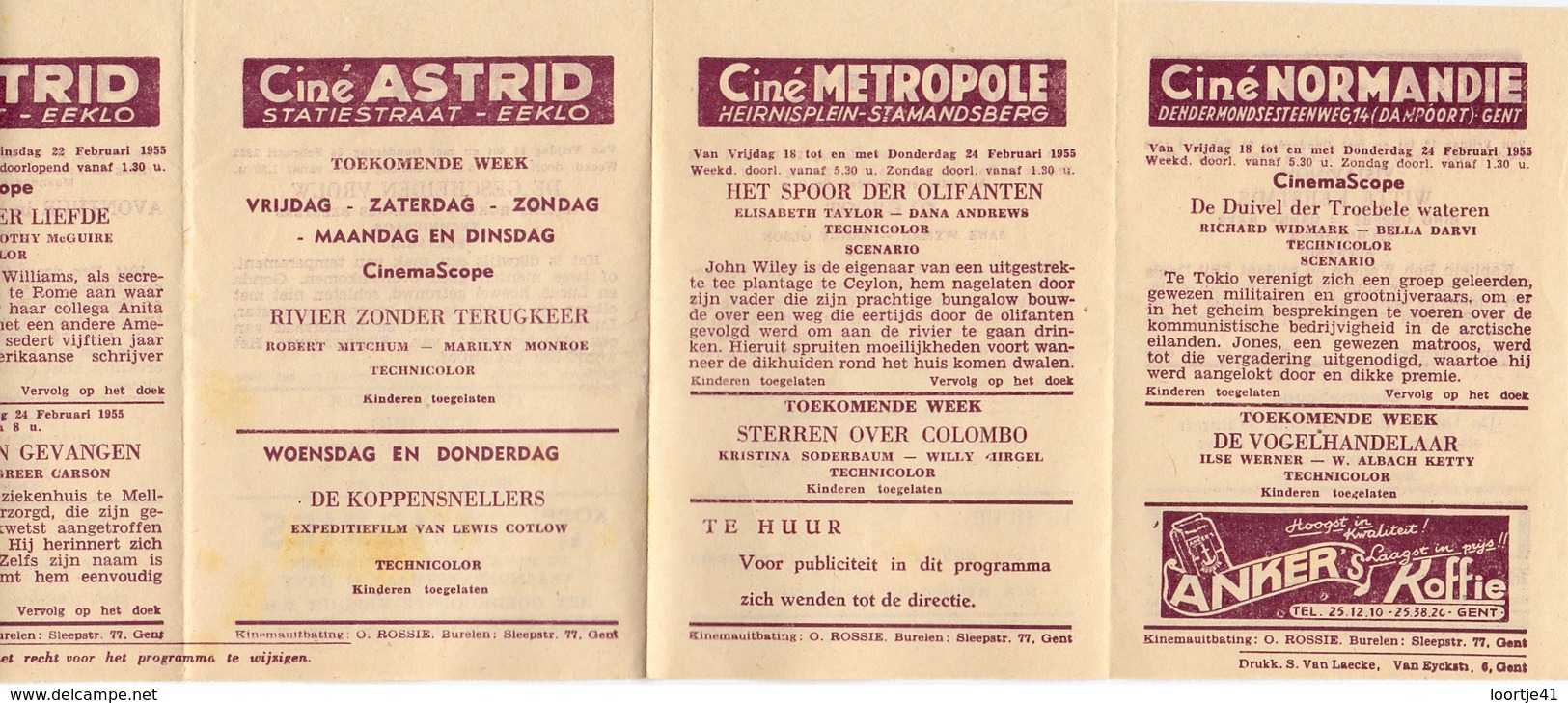 Ciné Cinema Pub Reclame Programma Bioscoop Metropole - Normandie - Lido - Nord - Agora - Astrid Eeklo Gent Ledeberg 1955 - Publicité Cinématographique