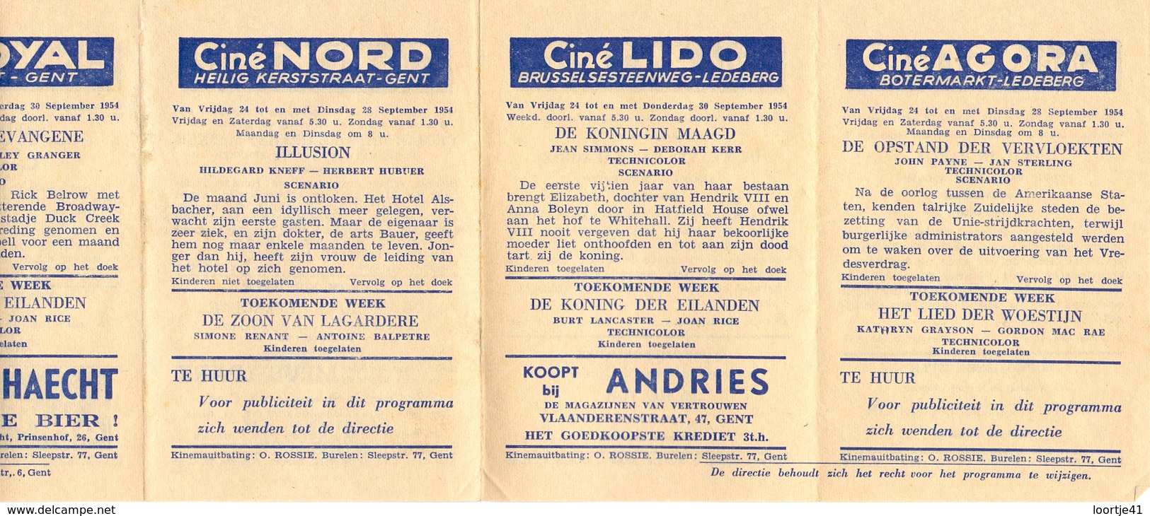 Ciné Cinema Pub Reclame Programma Bioscoop Metropole - Normandie - Lido - Nord - Agora - Astrid Eeklo Gent Ledeberg 1954 - Publicité Cinématographique