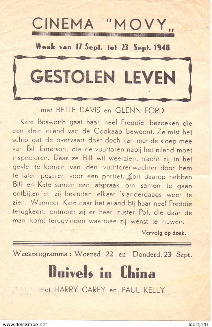 Ciné Cinema Bioscoop Programma Cinema Movy - Gestolen Leven - 1948 - Publicité Cinématographique