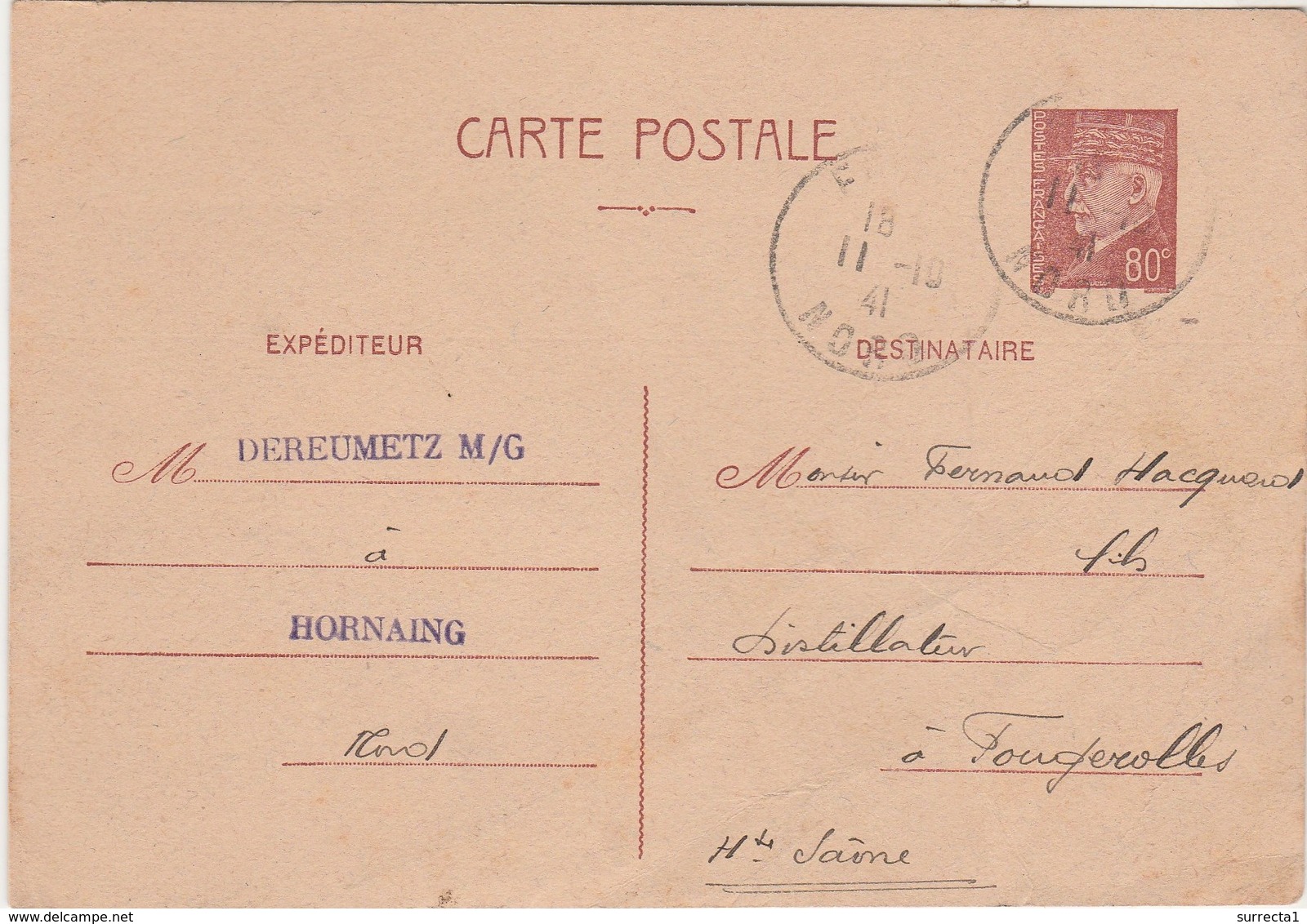 Carte Commerciale1941 / Entier Pétain 80 C / G. DEREUMETZ / 59 Hornaing Nord - Autres & Non Classés