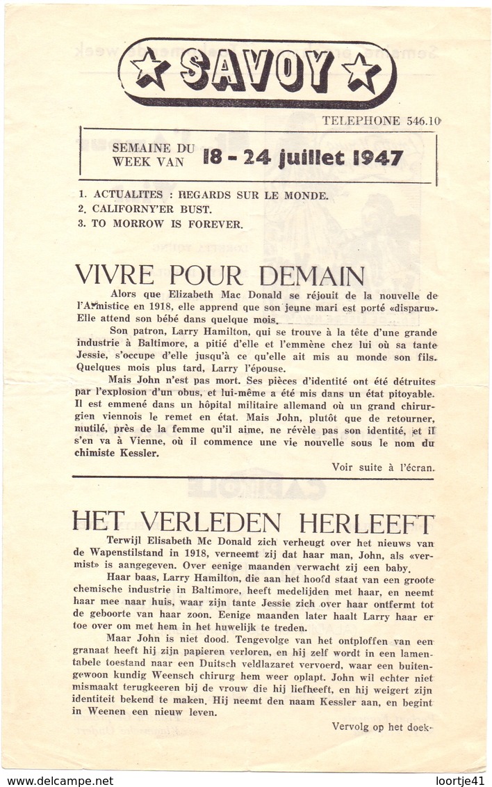 Ciné Cinema Bioscoop Pub Reclame Programma Savoy Gent - Capitole - Select - 1947 - Publicité Cinématographique