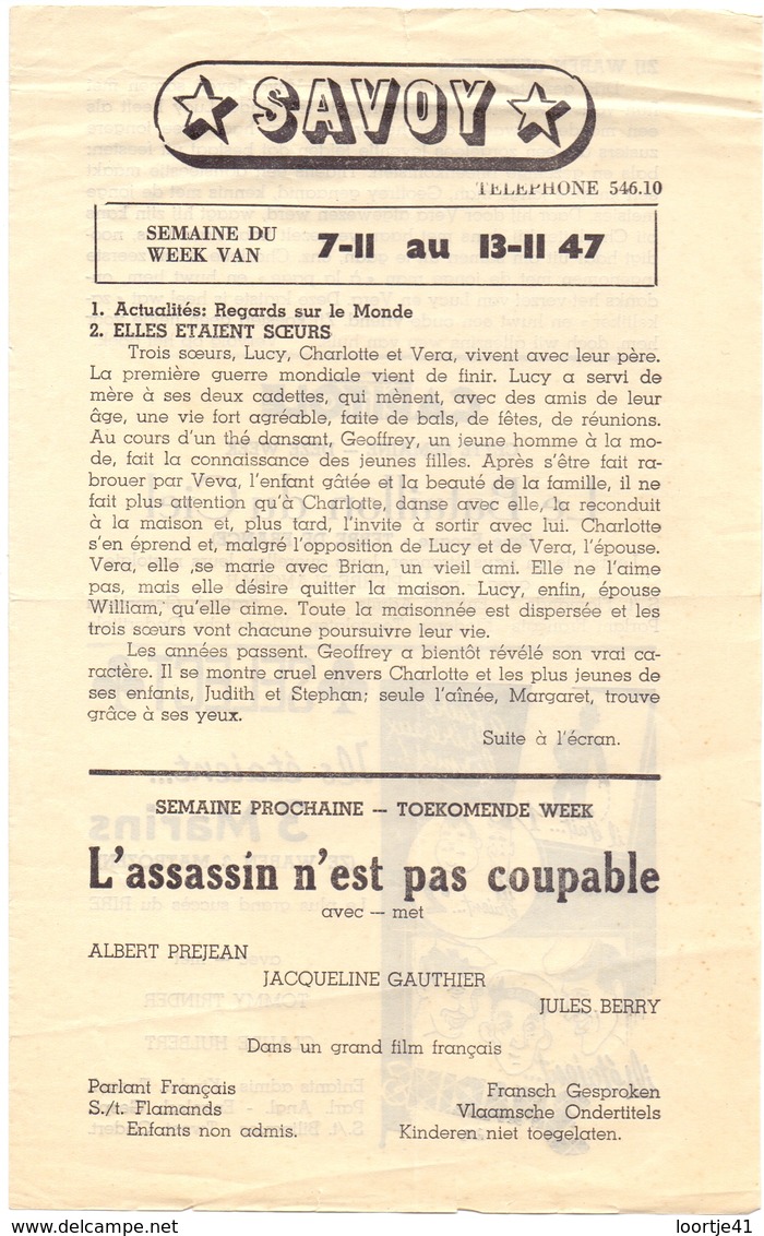 Ciné Cinema Bioscoop Pub Reclame Programma Savoy Gent - Capitole - Select - 1947 - Publicité Cinématographique