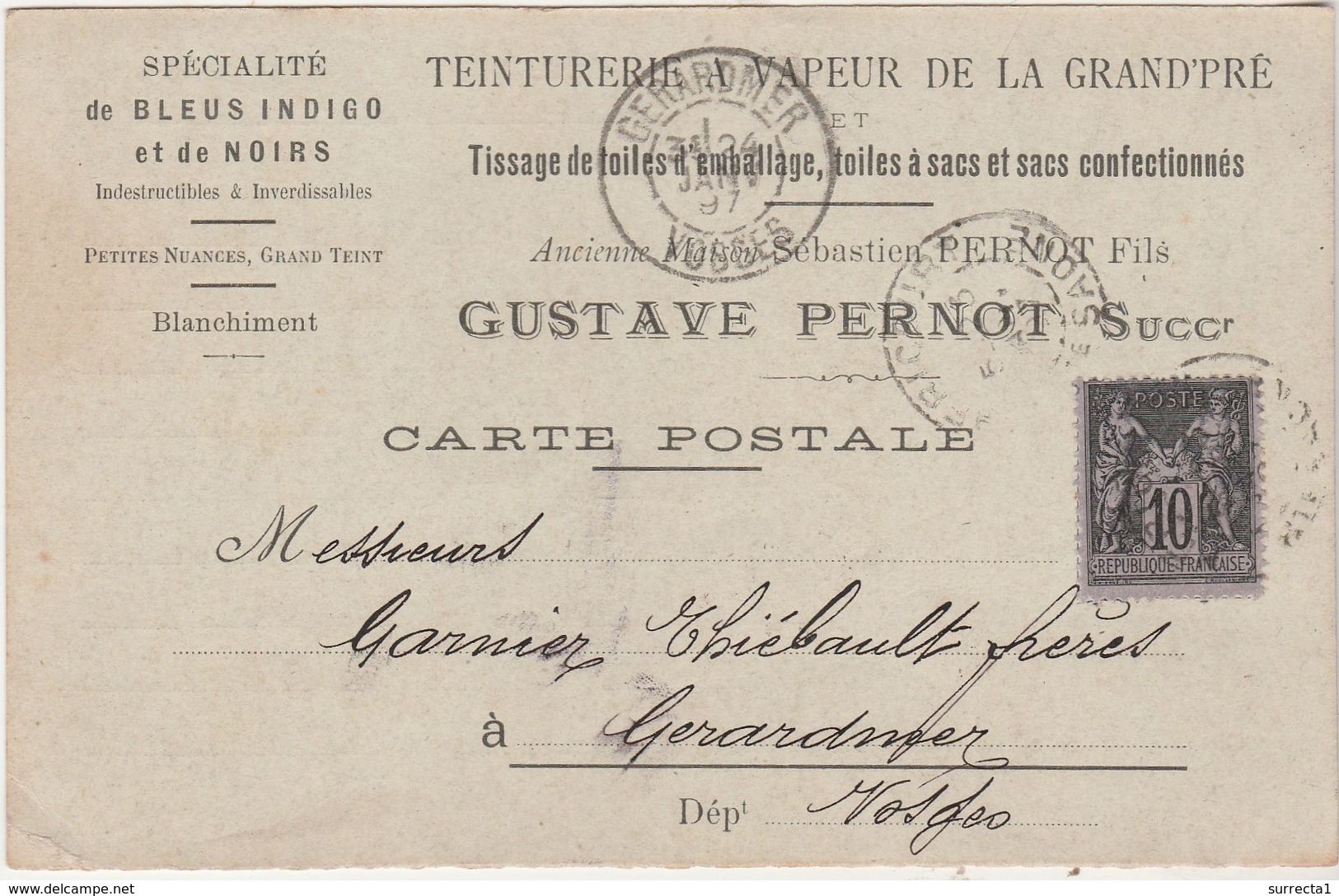 Carte Commerciale 1897 / Gustave PERNOT / Teinturerie De La Grand'Pré / Bleu Indigo / 70 Héricourt / Pour Gérardmer 88 - Autres & Non Classés