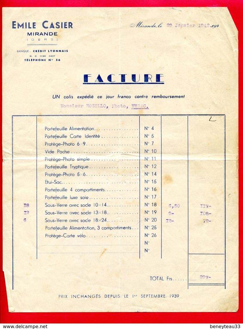 FACTURE (Réf : D509) EMILE CASIER MIRANDE (Gers) Banque CRÉDIT LYONNAIS - 1950 - ...