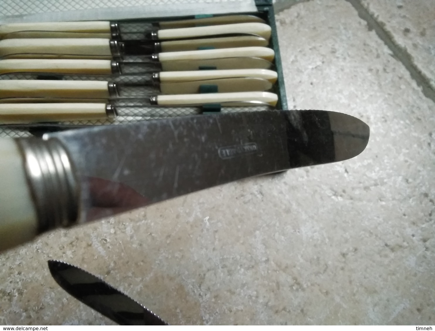 Coffret 12 Couteaux Blanc à Dents 24cm - Lame Acier Inoxydable & Manche En Plastique/bakélite - Vers 1950? - Cuchillos