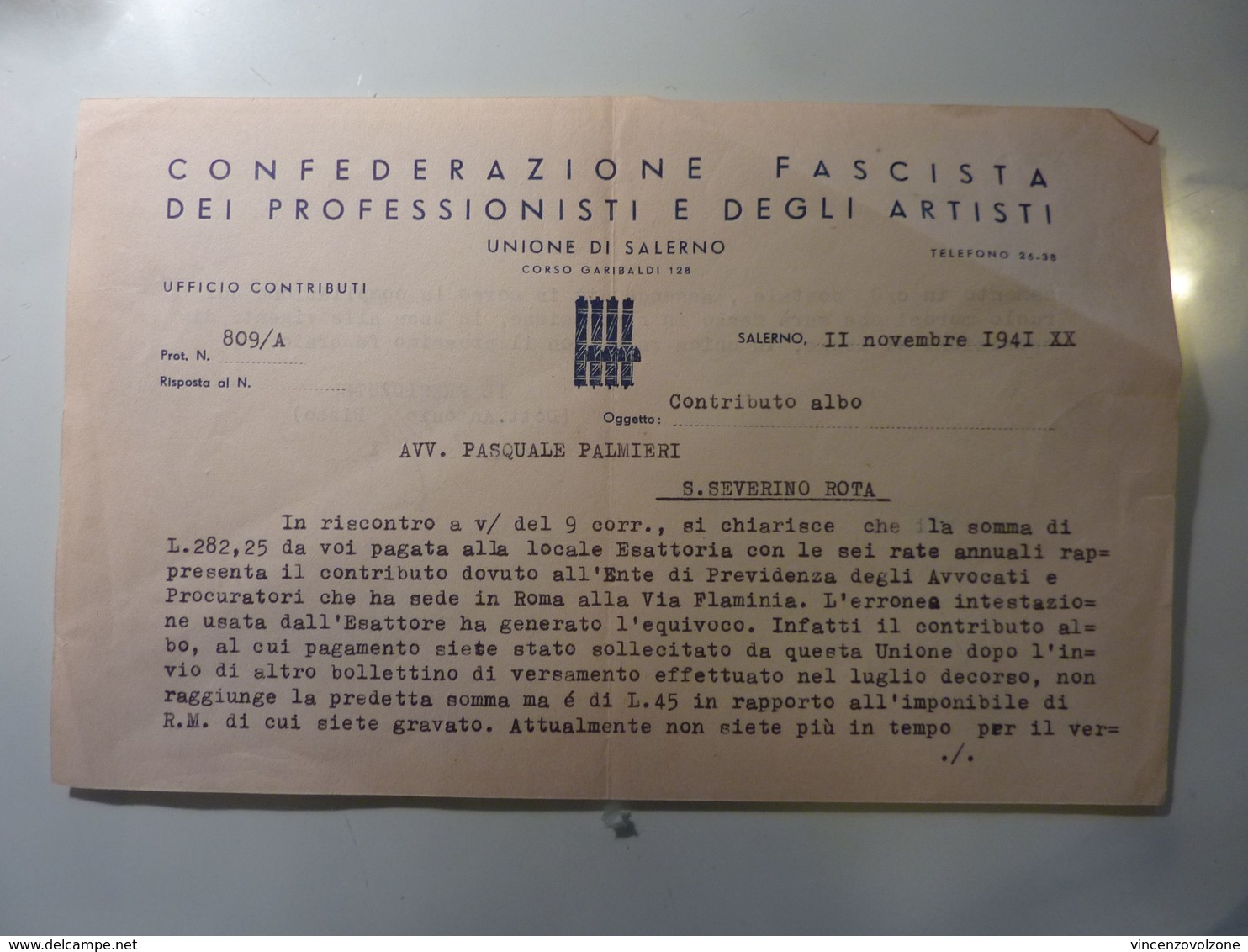 Documento "CONFEDERAZIONE FASCISTA DEI PROFESSIONISTI E DEGLI ARTISTI ISCRIZIONE ALBO AVVOCATO" Salerno 11 Novembre 1941 - Ex Libris