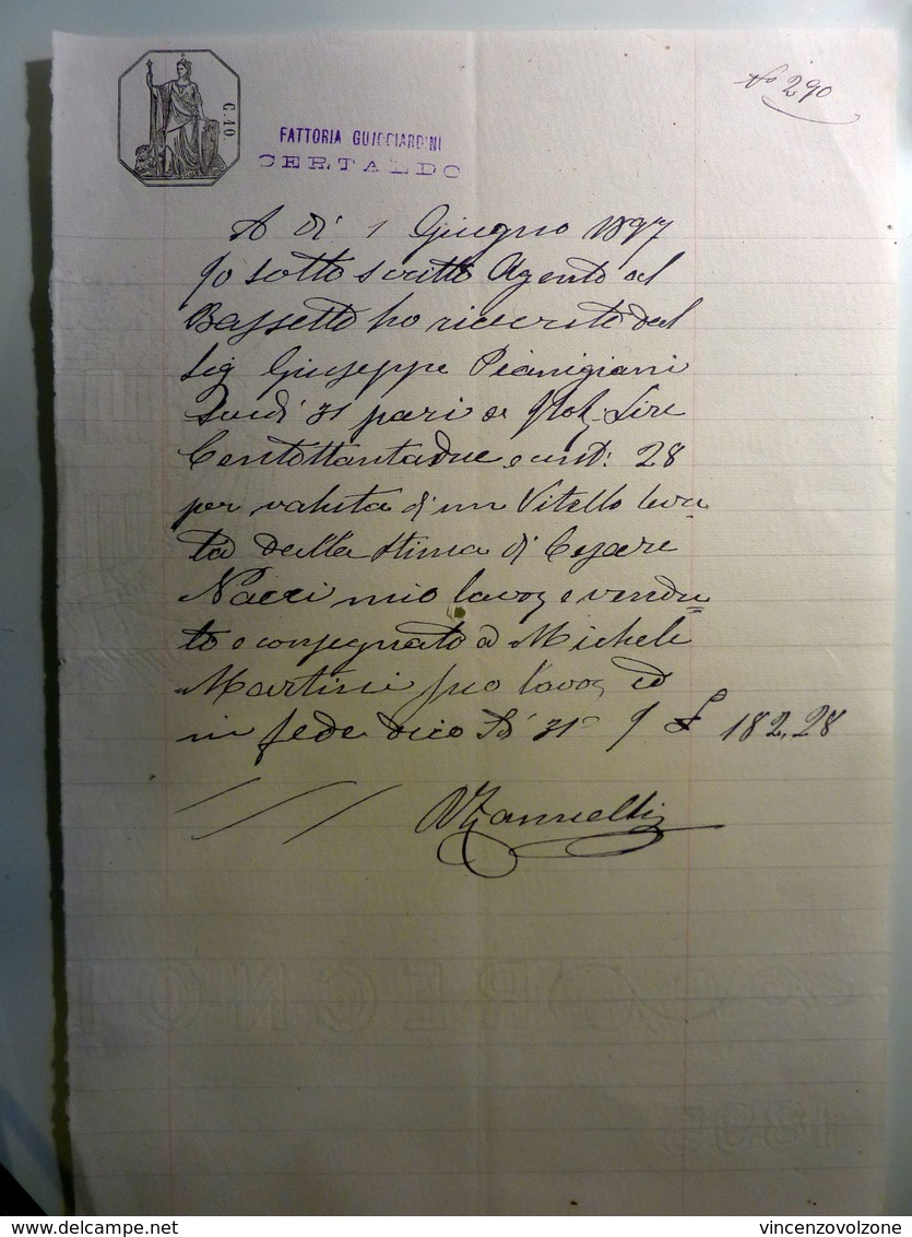 Documento "FATTORIA GUCCIARDINI CERTALDO - RICEVUTA" 1 Giugno 1897 - Ex-libris