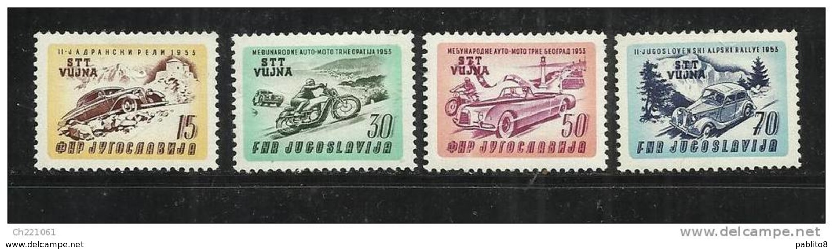 TRIESTE B 1953 CORSE AUTOMOTOCICLISTICHE RACING YUGOSLAVIA SOPRASTAMPATO JUGOSLAVIA OVERPRINTED SERIE COMPLETA SET MNH - Mint/hinged
