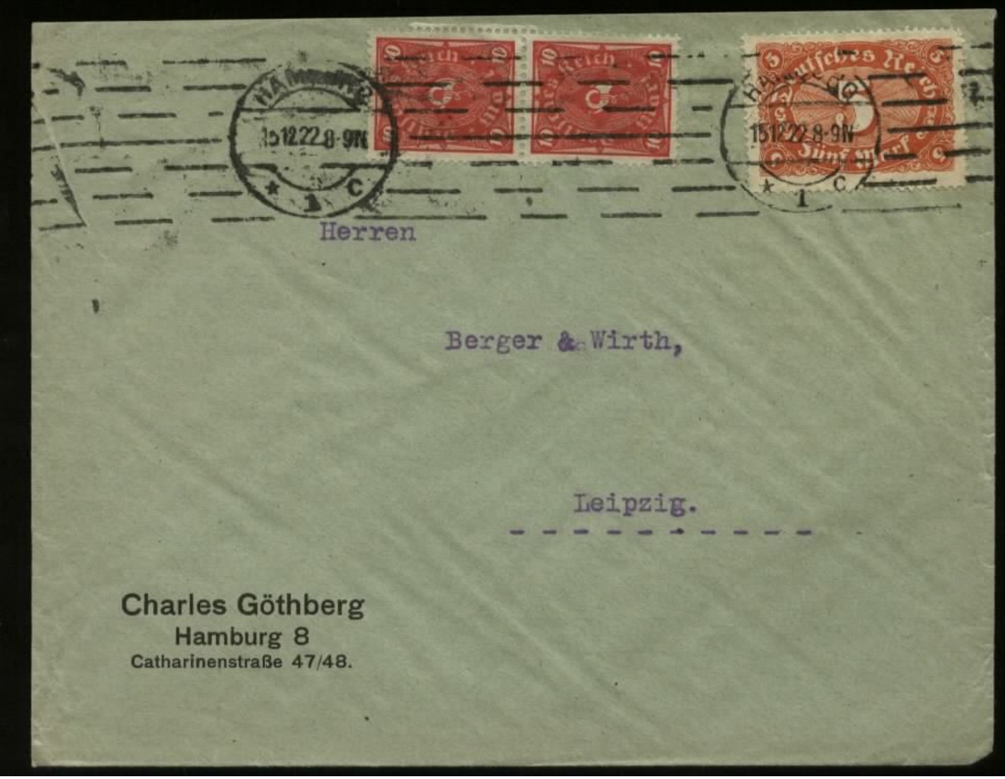 S2870 DR Infla MiF Firmen Briefumschlag Göthberg: Gebraucht Hamburg - Leipzig , 1922 , Bedarfserhaltung. - Lettres & Documents