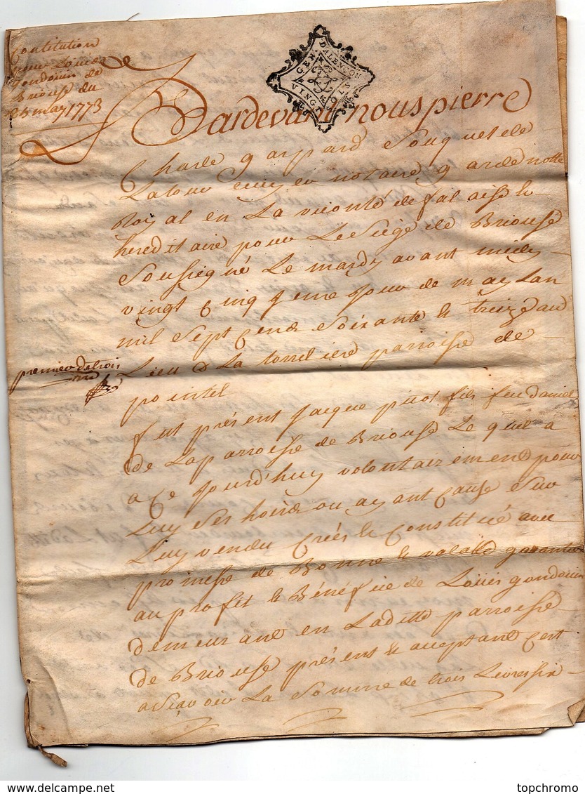 Véritable Parchemin Manuscrit Acte Notarié Notaire 18ème 1773 Cachet Généralité D'Alençon Briouze 6 Pages - Manuscrits