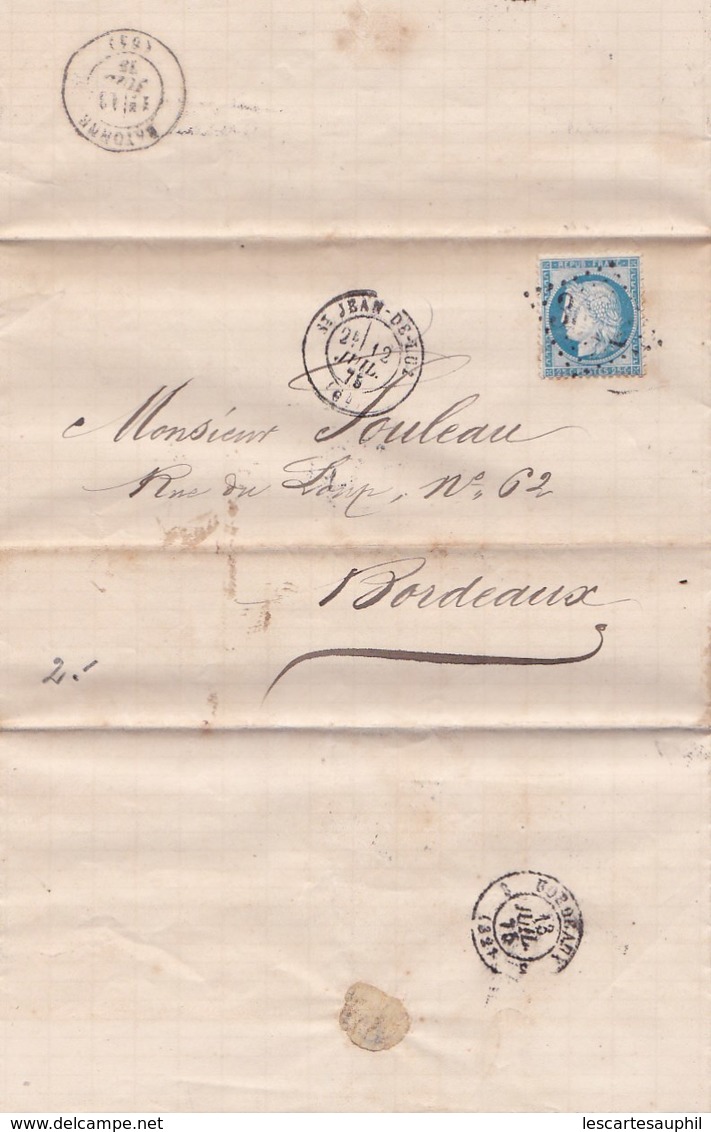 Ancienne Lettre 25 C Ceres Dentelé Cachet Saint Jean De Luz Bordeaux Bayonne - 1849-1876: Période Classique