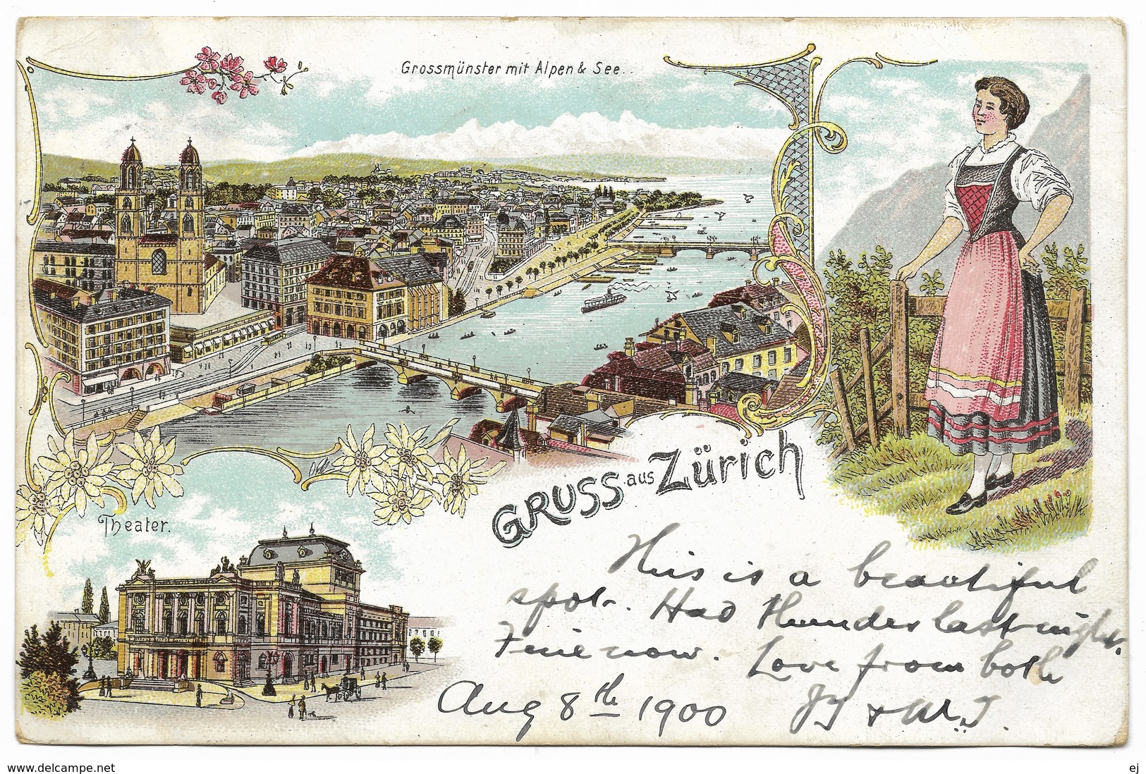 Gruss Aus Zurich Grassmünster Mit Alpen & See Theatre – Postmark 1900 - Greetings From...