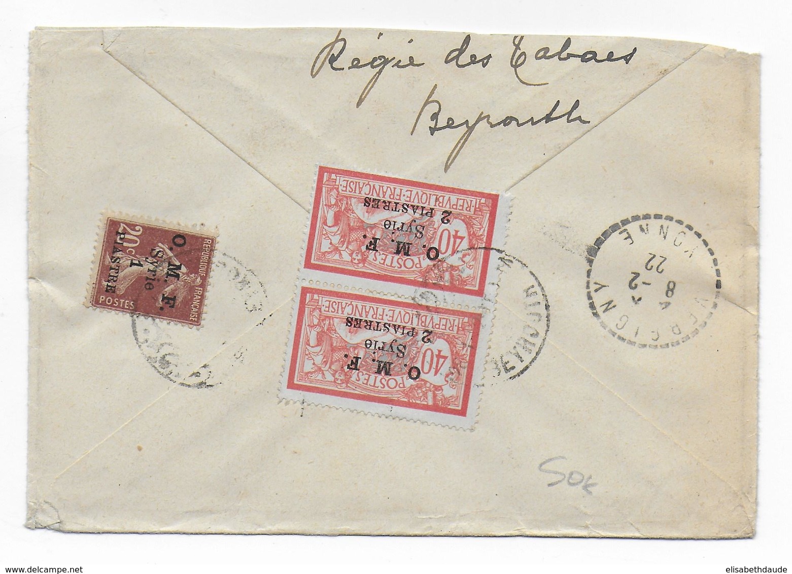 LIBAN - 1922 - TIMBRES MERSON + SEMEUSE De SYRIE Sur LETTRE RECOMMANDEE De BEYROUTH => VERGIGNY - Liban