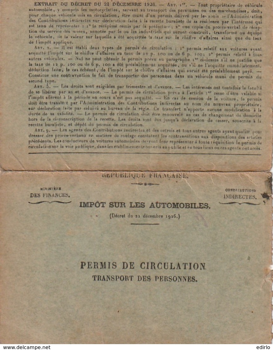 ***  Carte   Permis De Circulation Transport De Personnes Bordeaux 1933 - - Other & Unclassified