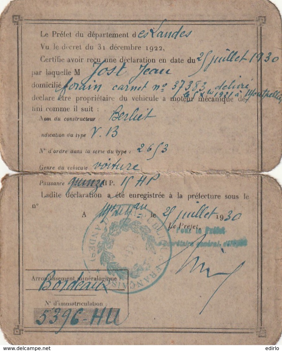 ***  Carte   Permis De Circulation Transport De Personnes Bordeaux 1930 Le Prefet Des  Landes -BERLIER - Autres & Non Classés