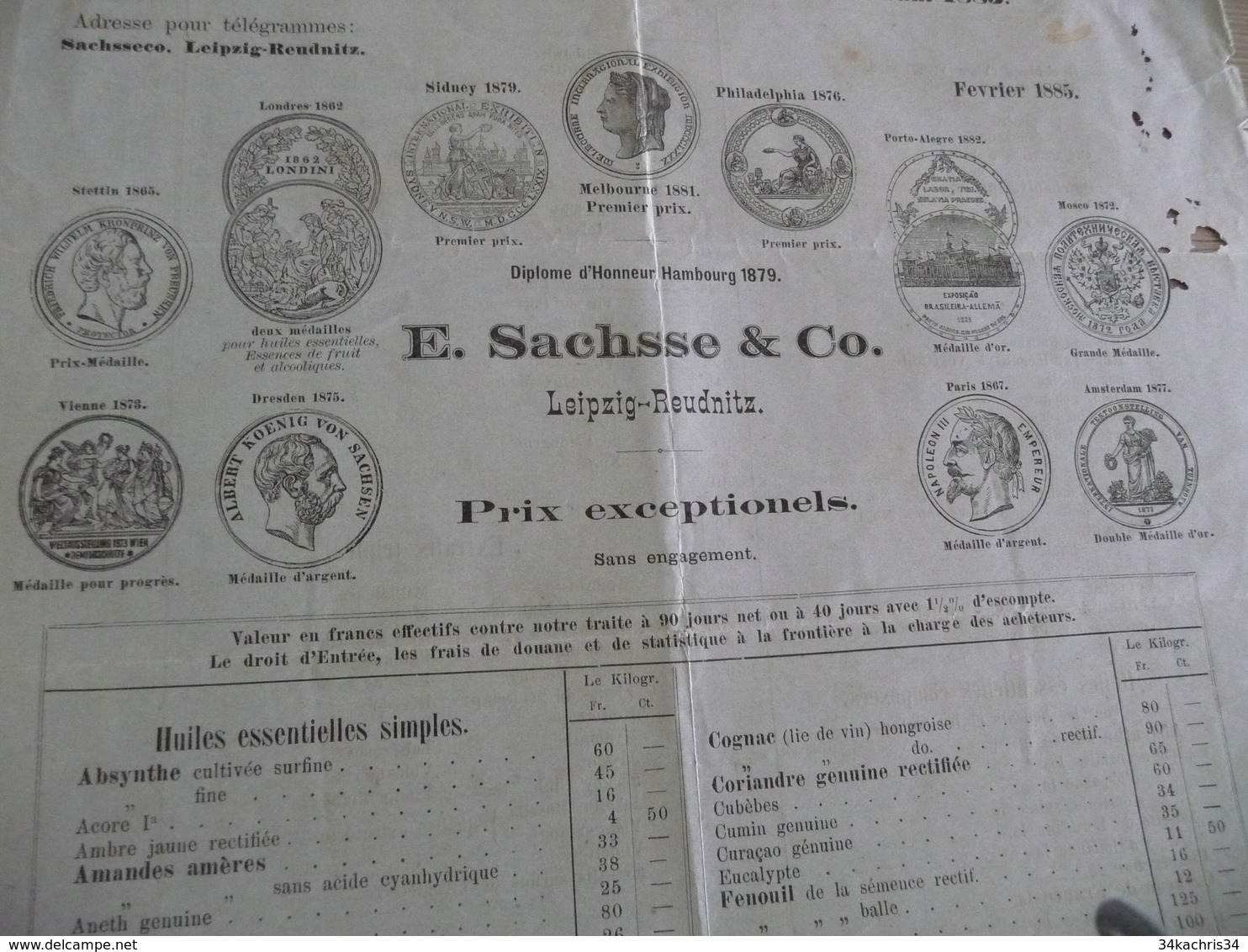 Tarif Prix 1885 E.Sachsse Leipzig Reudnitz   Distillateurs Huiles Essences Absinthe Médailles En L'état - 1800 – 1899