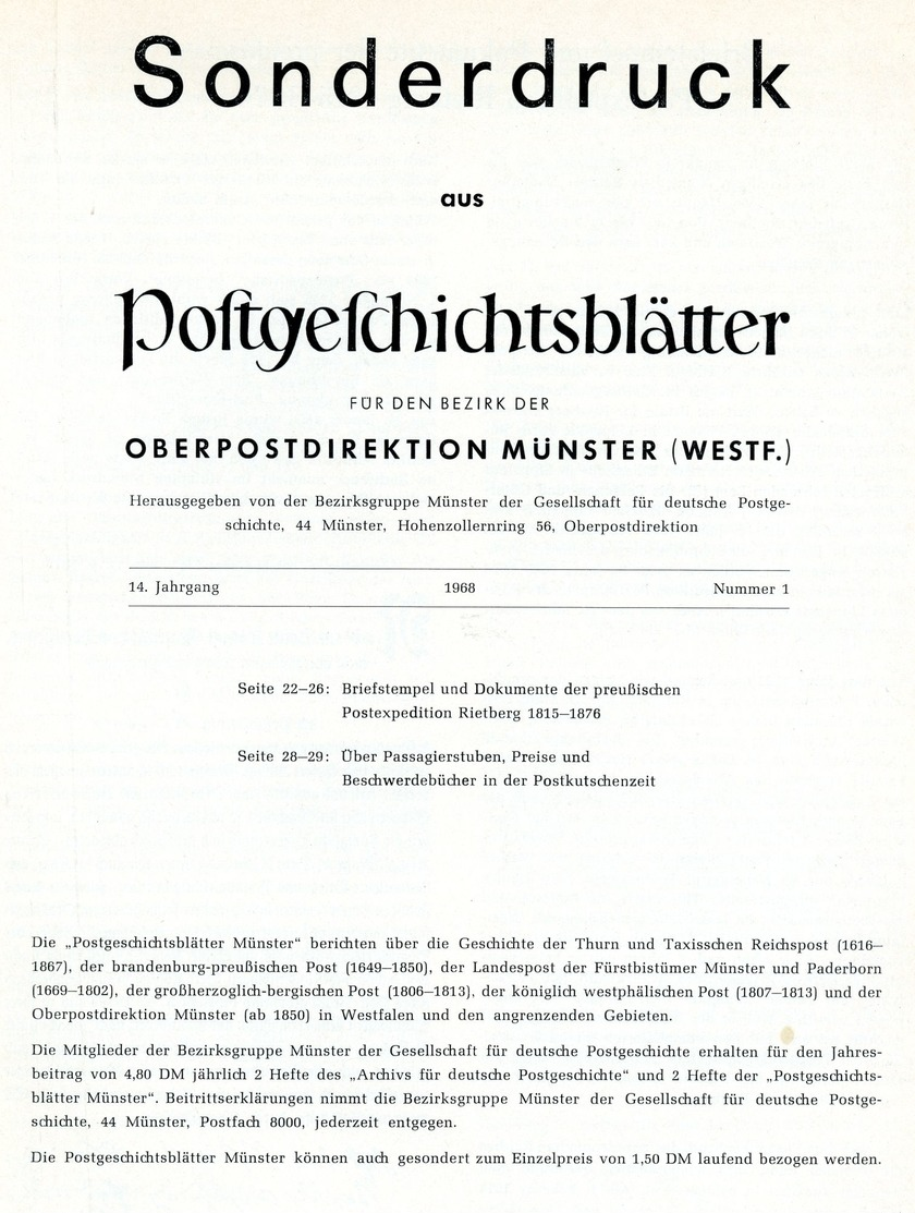 Stempel + Dokumente Der Preüßischen Postexpedition Rietberg 1815 - 1876 - Sonderdruck Der Postgeschichtsblätter Münster - Philatelie Und Postgeschichte