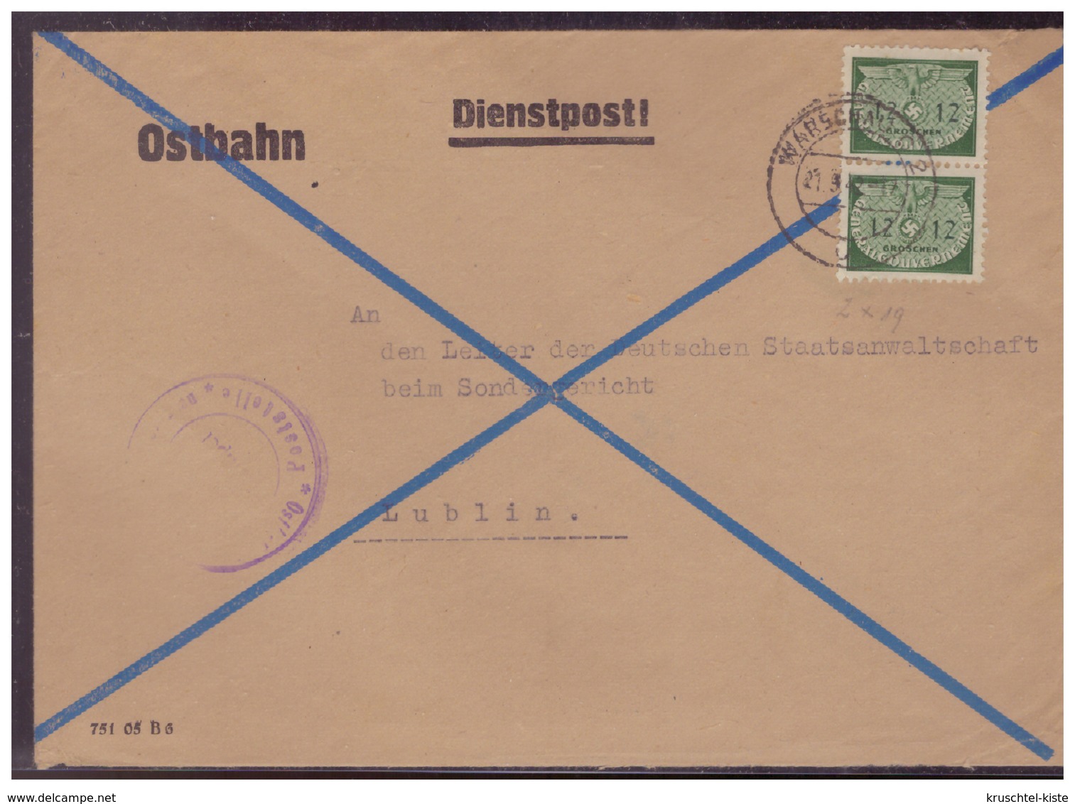 GG (007500) Brief, Dienstpost Ostbahn Vorgedruckter Umschlag, Gelaufen An Sondergericht Von Warschau Am 21.9.1942 - Besetzungen 1938-45