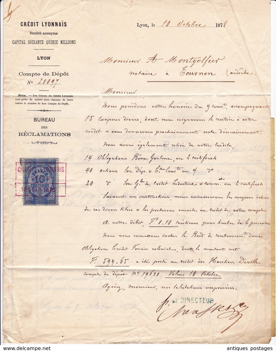 Lettre 1878 Crédit Lyonnais Lyon Place Les Terreaux Timbre Fiscal Type Sage Tournon Ardèche Montgolfier Notaire - Briefe U. Dokumente