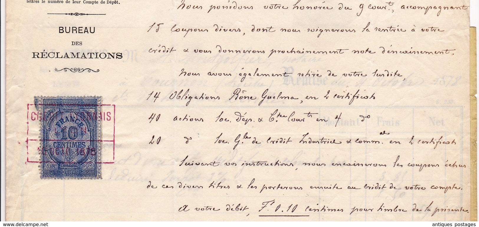 Lettre 1878 Crédit Lyonnais Lyon Place Les Terreaux Timbre Fiscal Type Sage Tournon Ardèche Montgolfier Notaire