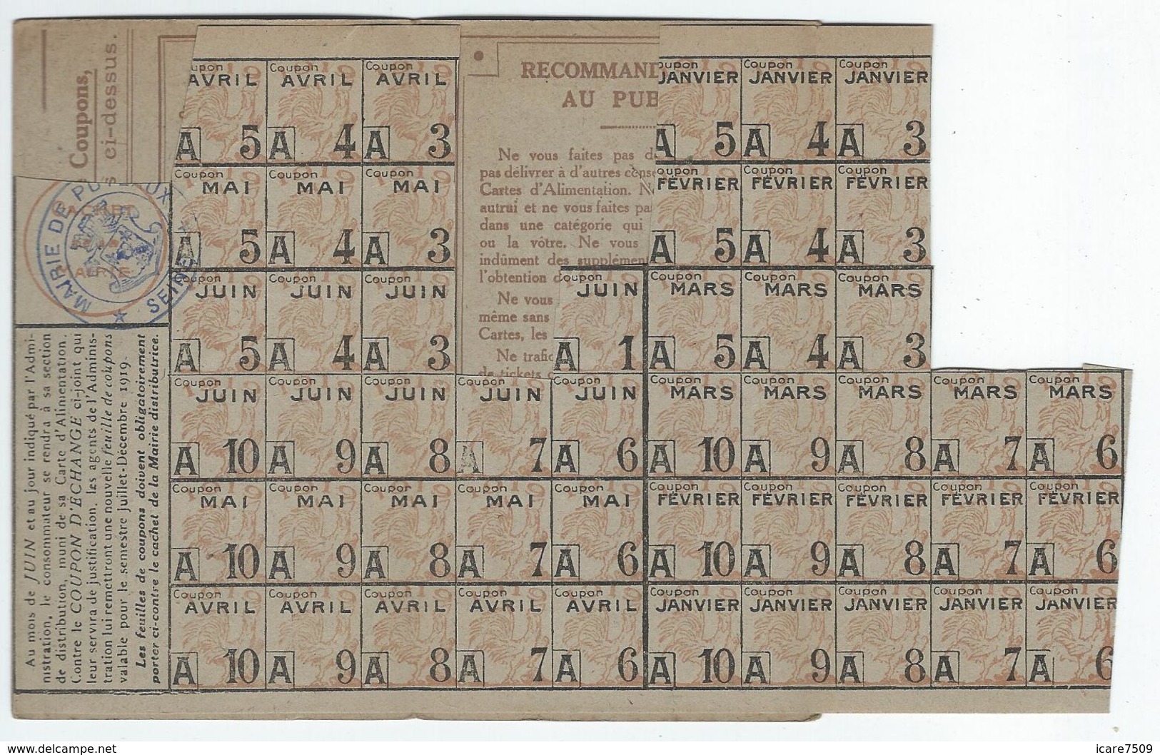 PUTEAUX (92) - Carte D'Alimentation De Sucre De Décembre 1918 - Historische Dokumente