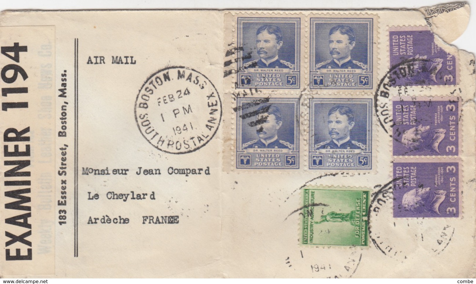 LETTRE. COVER.  1941. USA. BOSTON  TO FRANCE. CENSOR - Sonstige & Ohne Zuordnung