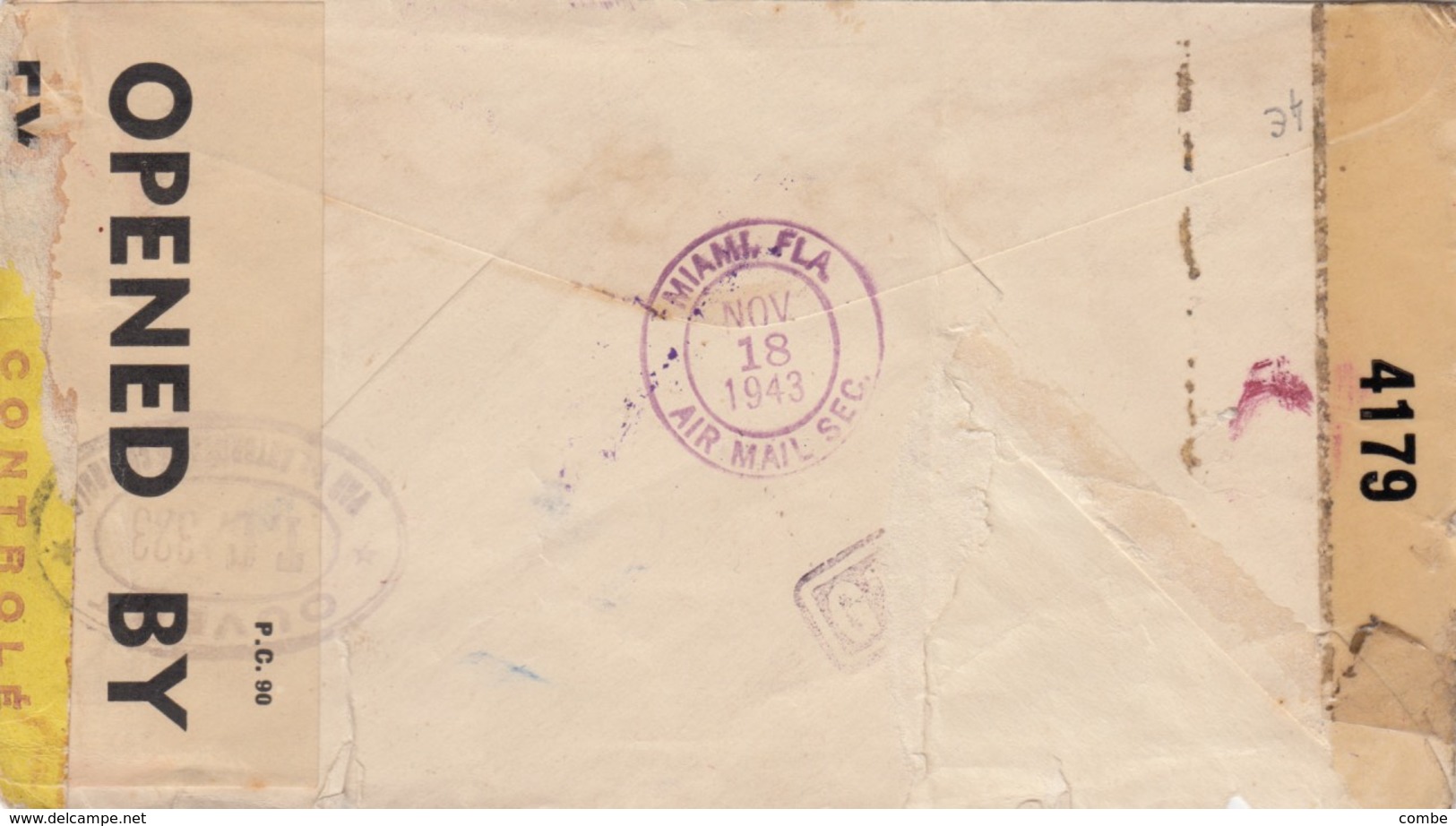 LETTRE. COVER.  1943. PANAMA BY AIR MAIL OVER US DOMESTICS ROUTES ONLY  TO FRANCE. DOUBLE CENSOR - Autres & Non Classés