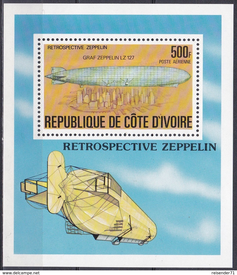 Elfenbeinküste Ivory Coast Cote D'Ivoire 1977 Transport Luftfahrt Aviation Luftschiffe Zeppelin Airships, Bl. 8 ** - Côte D'Ivoire (1960-...)