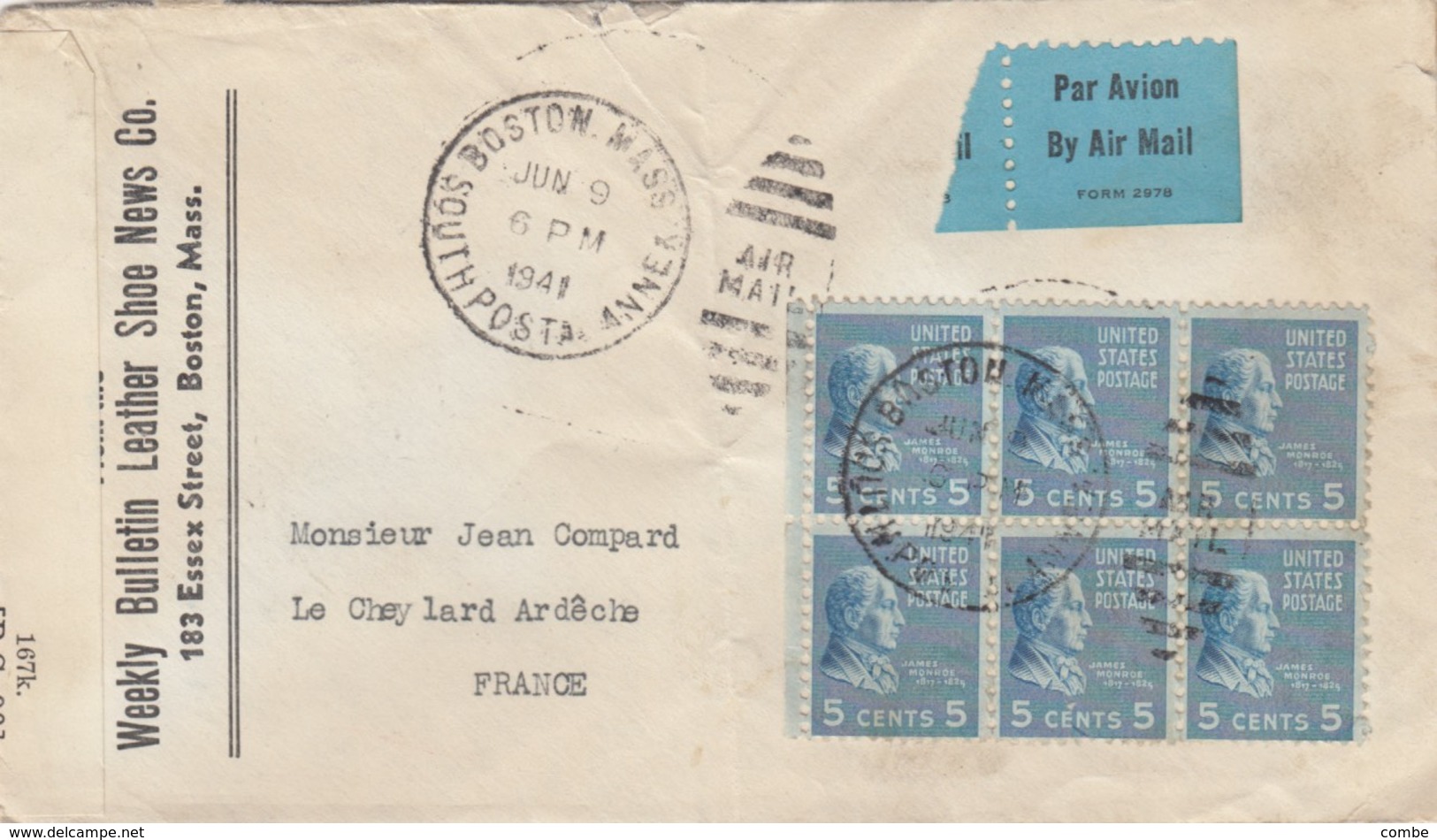 LETTRE. COVER.  1941.  USA BOSTON BY AIRMAIL  TO FRANCE.  CENSOR - Autres & Non Classés