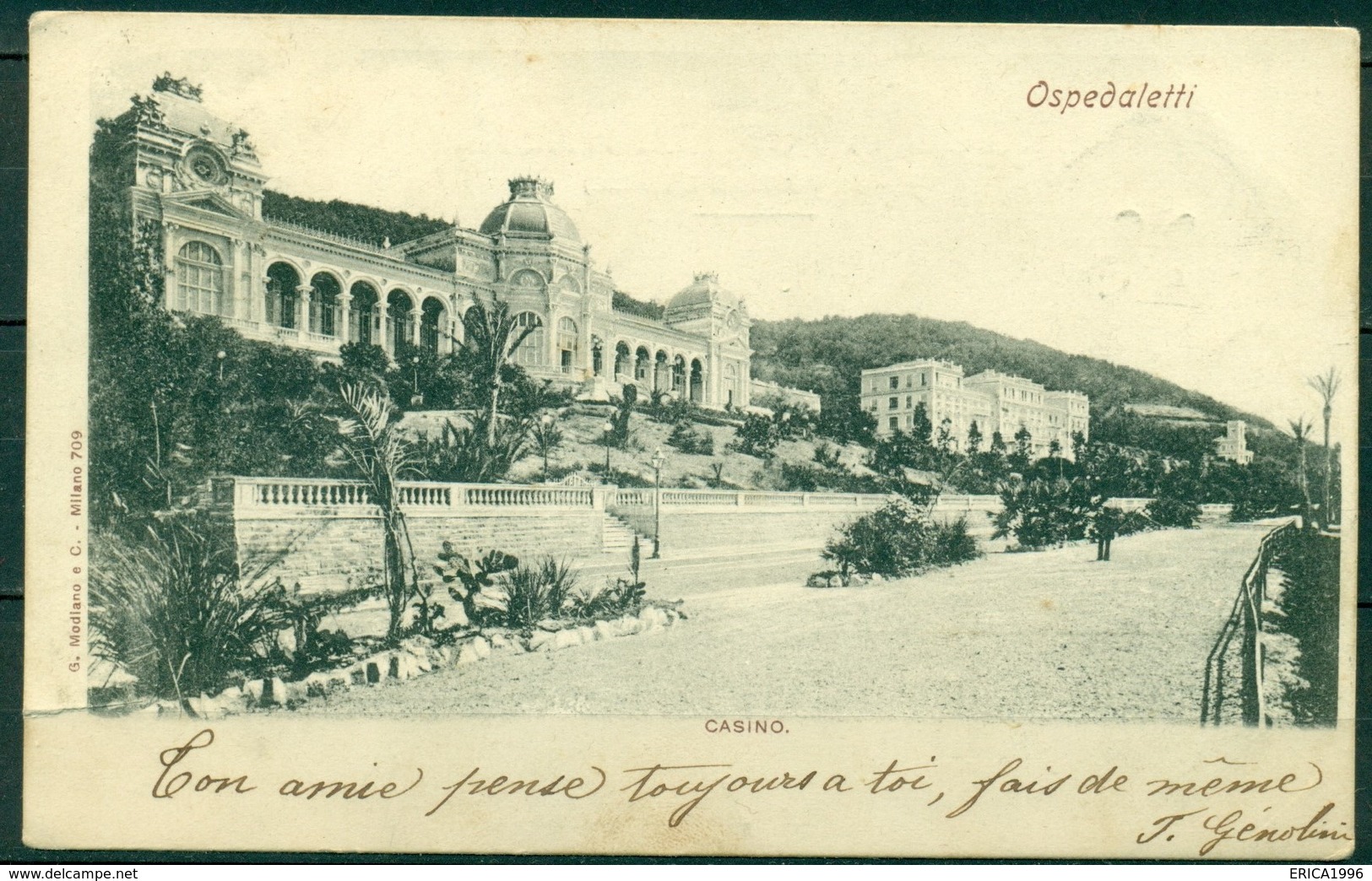 CARTOLINA - CV413 OSPEDALETTI (Imperia IM) Casino, FP Viaggiata 1901, Ottime Condizioni - Imperia