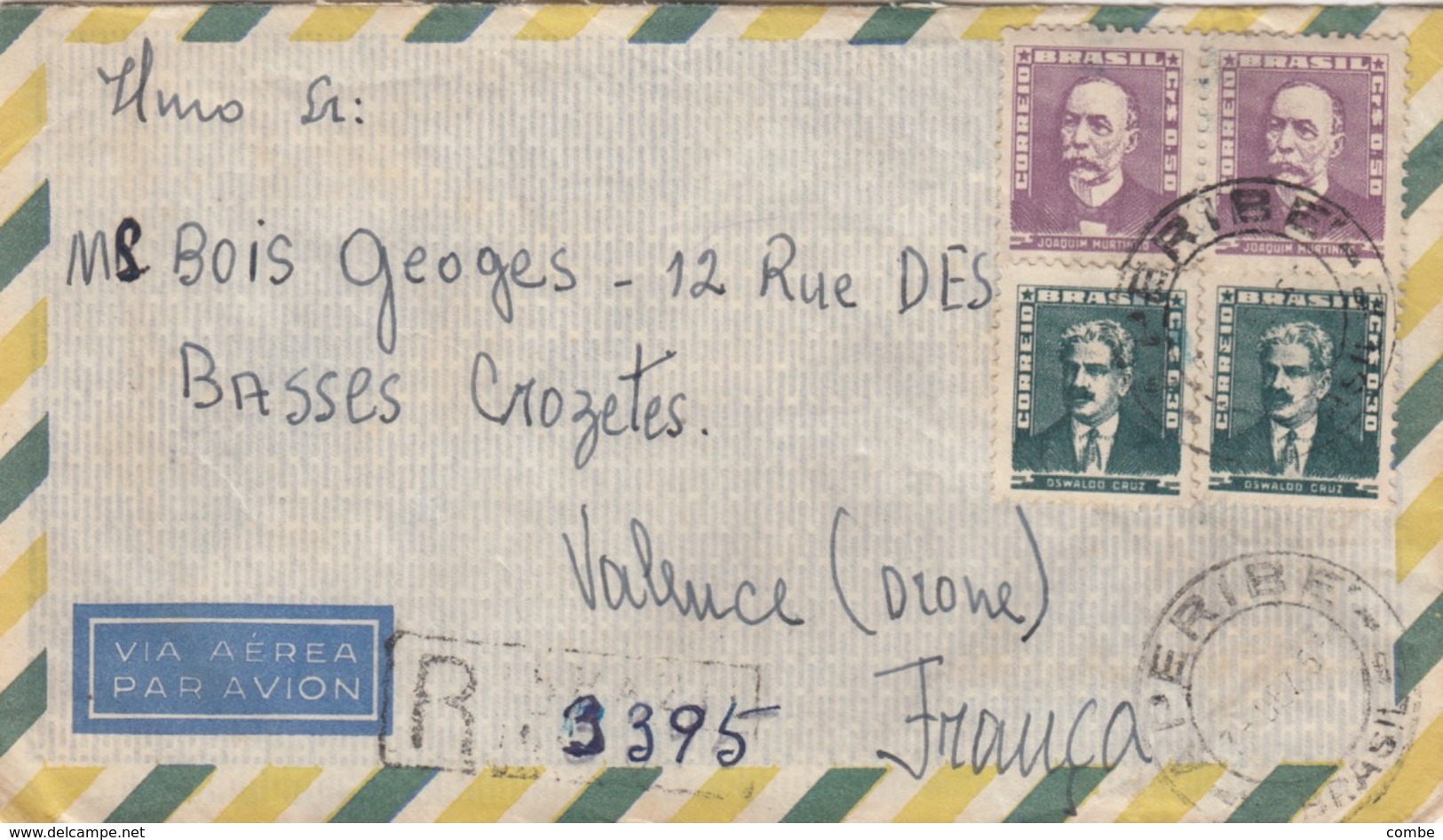 LETTRE. COVER.  1955. BRASIL. PAR AVION. REGISTERED APERIBE TO FRANCE - Sonstige & Ohne Zuordnung