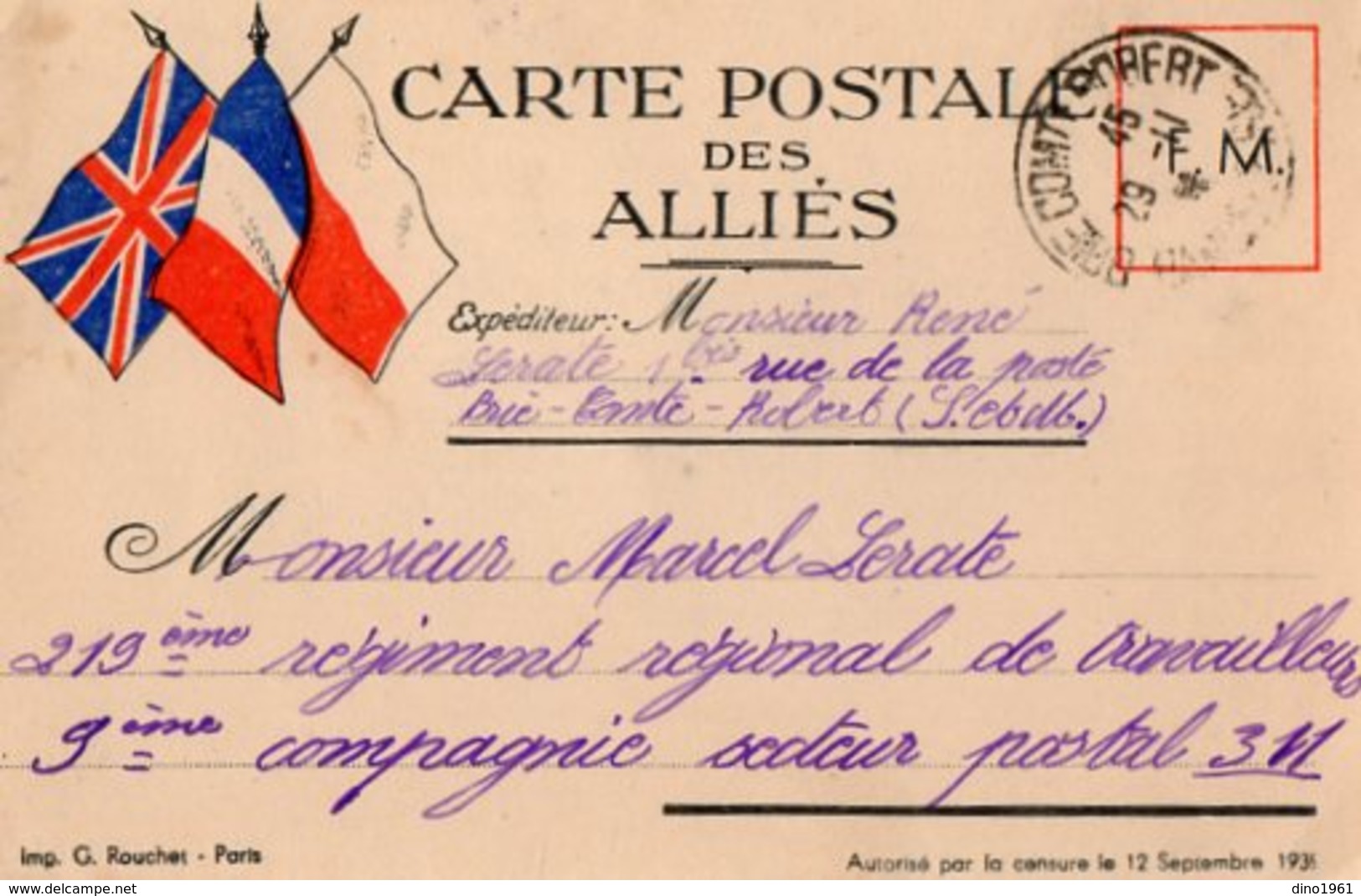 TB 2440 - MILITARIA - Carte En Franchise Militaire - Mr R. LERATE à BRIE - COMTE - ROBERT - Lettres & Documents