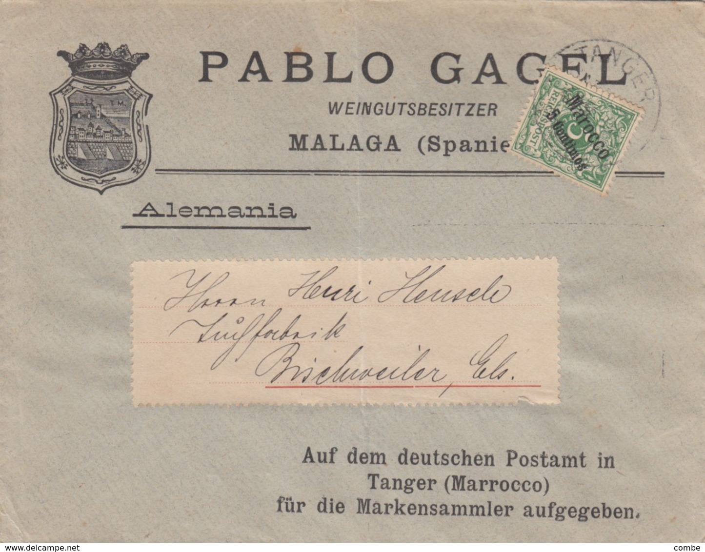 LETTRE. COVER. PABLO CAGEL MALAGA SPAIN. 5c MAROCCO REICHSPOST TANGER TO GERMANY - Sonstige & Ohne Zuordnung