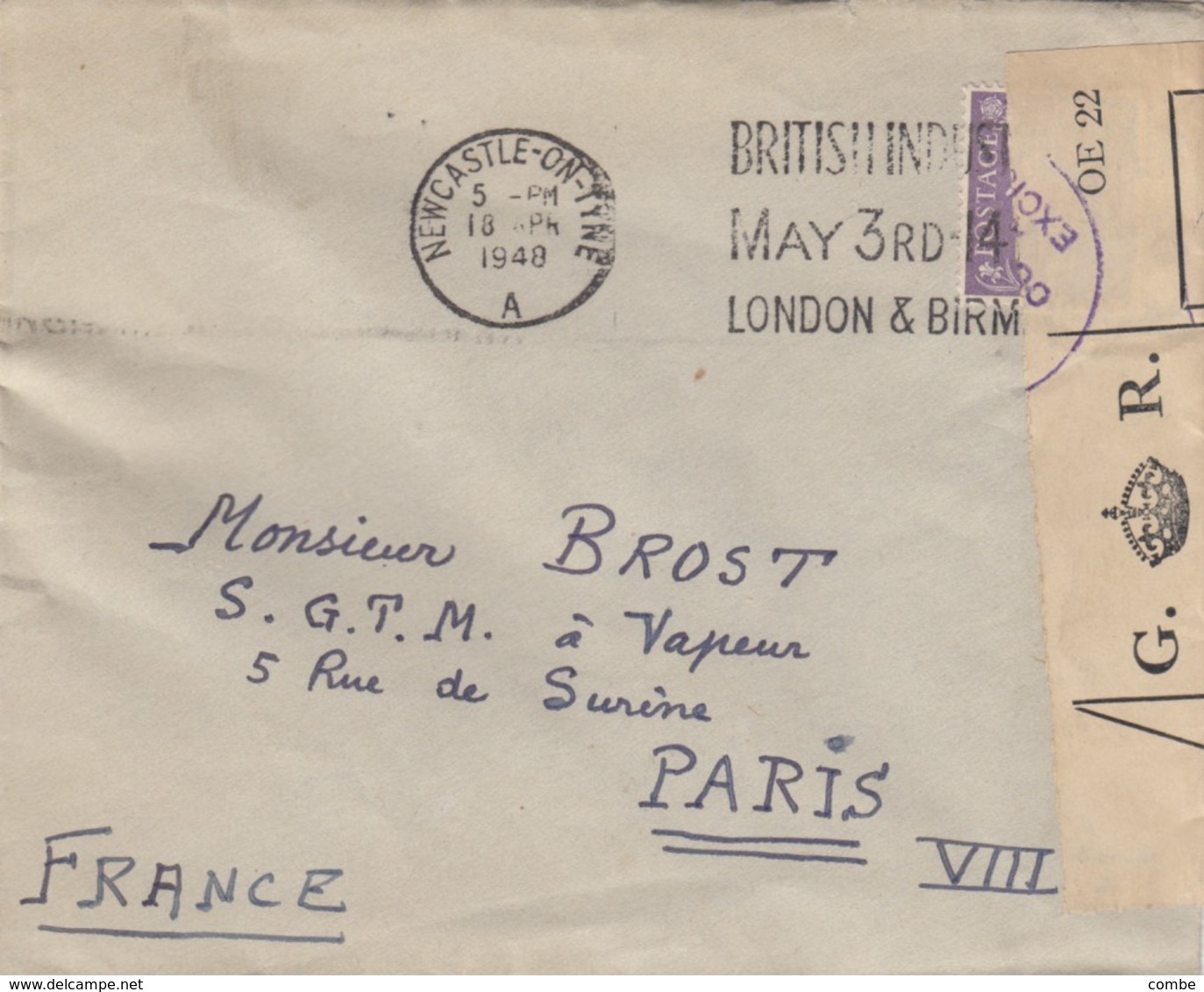 LETTRE. COVER. 1948. GREAT BRITAIN NEWCASTLE TO PARIS FRANCE. OPENED CUSTOMS AND EXCISE - Sonstige & Ohne Zuordnung