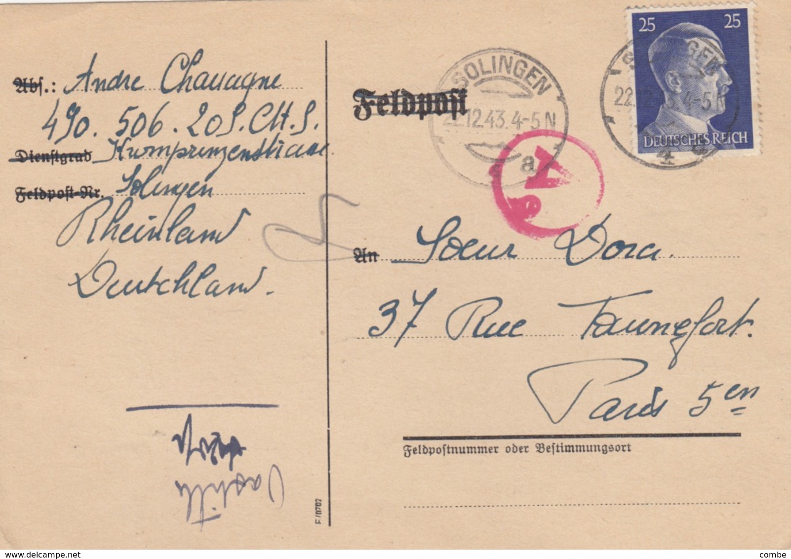 CARD NO FELDPOST GERMANY.  1943 SOLINGEN TO FRANCE . GERMAN CENSOR. - Sonstige & Ohne Zuordnung