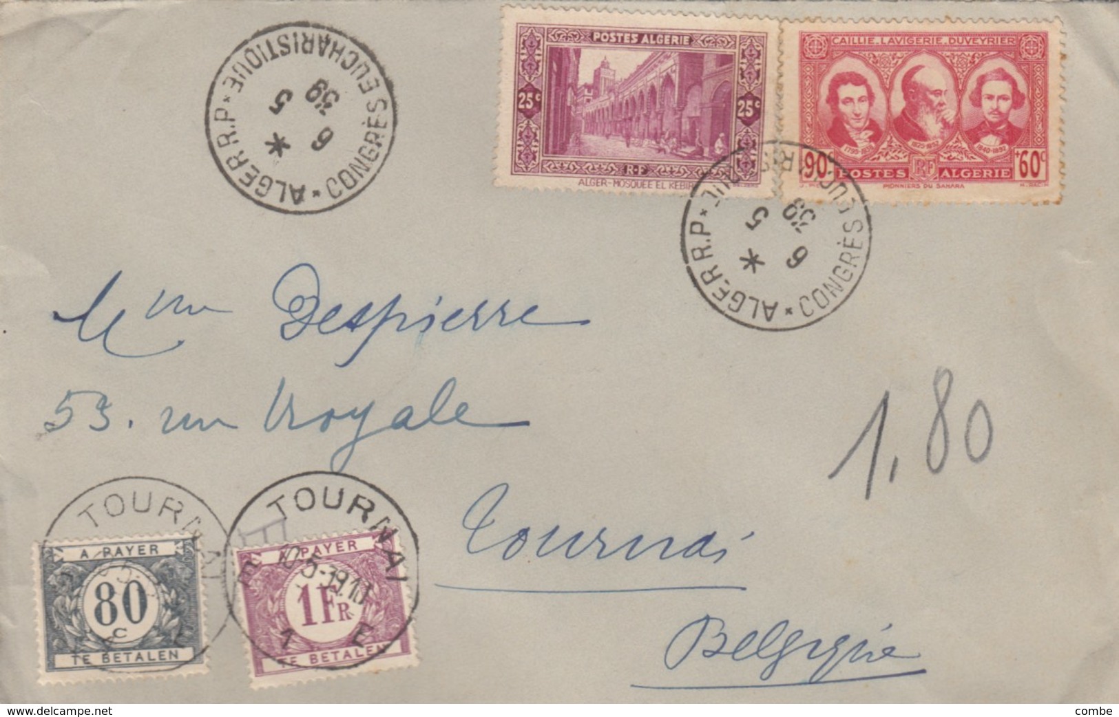 LETTRE. COVER. ALGERIA. 1939. HOTEL DE L'OASIS ALGER TO TOURNAI BELGIQUE. DUE 1,80F BELGIUM  /  2 - Sonstige & Ohne Zuordnung