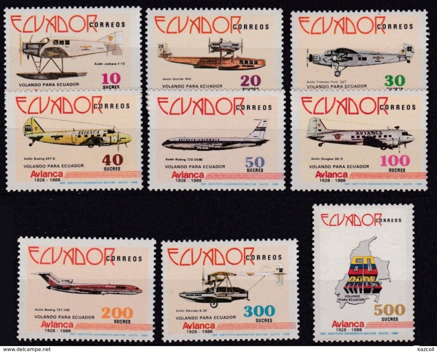 ECUADOR 1988. AVIANCA 60 YEARS.  Aviation. Airplanes. Aircrafts. Aircraft.  MNH - Avions