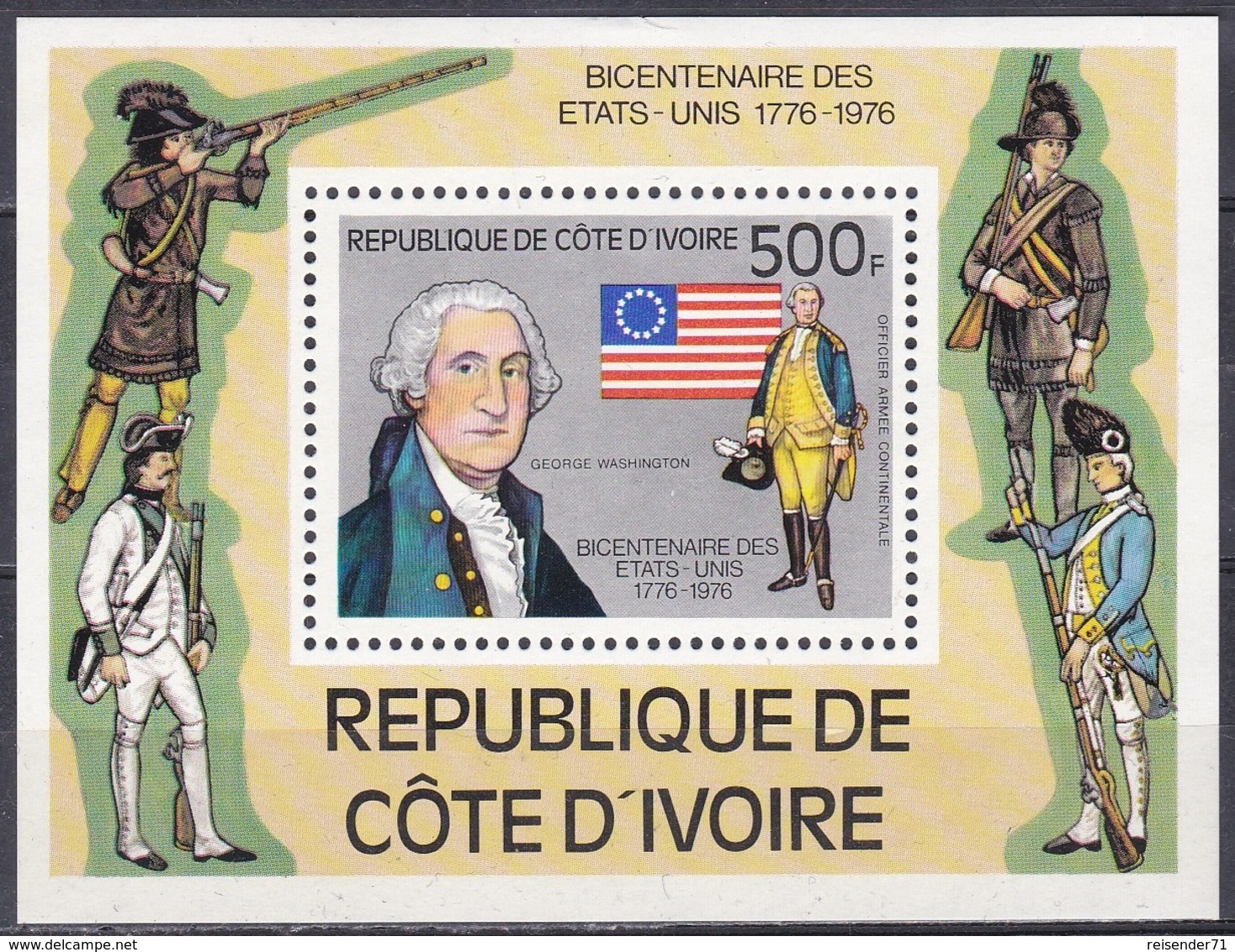 Elfenbeinküste Ivory Coast Cote D'Ivoire 1976 Geschichte Unabhängigkeit Independence USA George Washington, Bl. 6 ** - Côte D'Ivoire (1960-...)