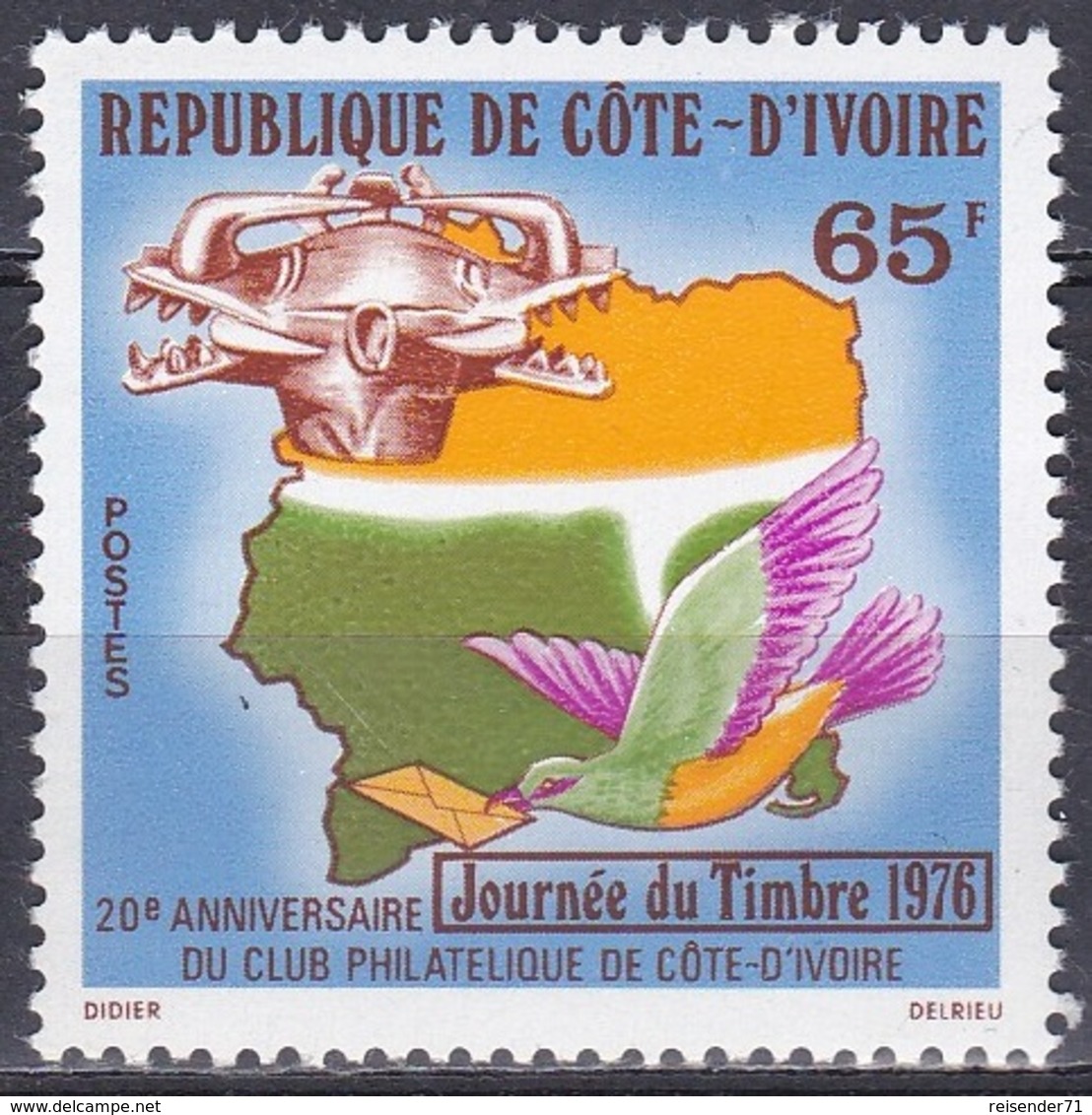 Elfenbeinküste Ivory Coast Cote D'Ivoire 1976 Philatelie Philately Brieftauben Tauben Doves Masken Masks, Mi. 488 ** - Ivory Coast (1960-...)