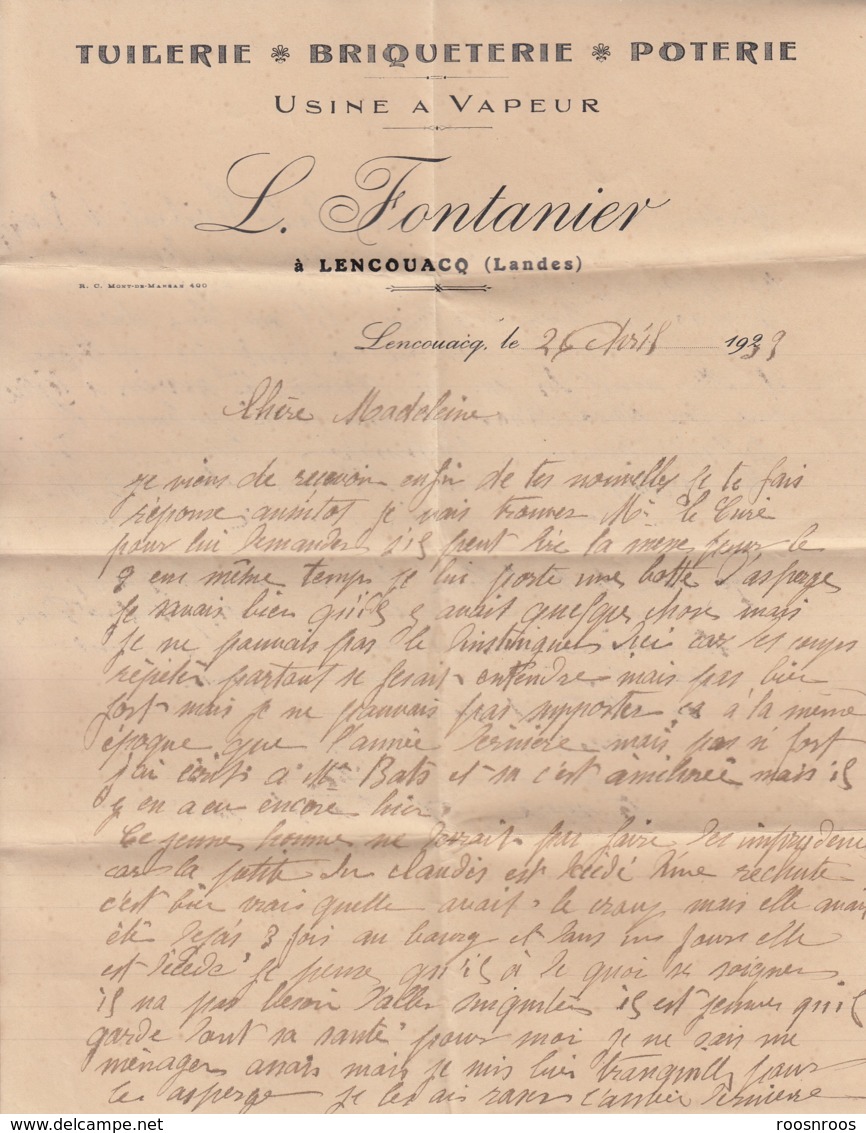 CORRESPONDANCE TUILERIE BRIQUETERIE POTERIE  FONTANIER - USINE A VAPEUR A LENCOUACQ - 40 LANDES - 1900 – 1949