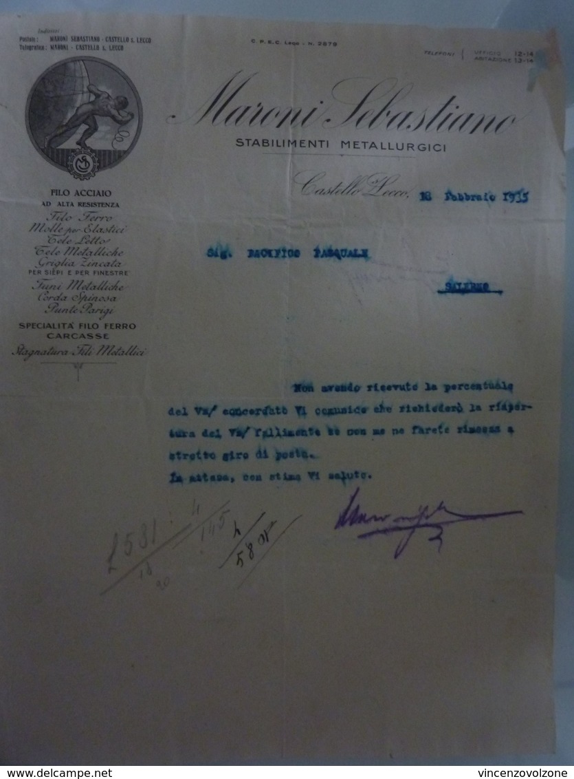 Lettera  Commerciale "MARCONI SEBASTIANO STABILIMENTI METALLURGICI CASTELLO -  LECCO" 18 Febbraio 1935 - Italie