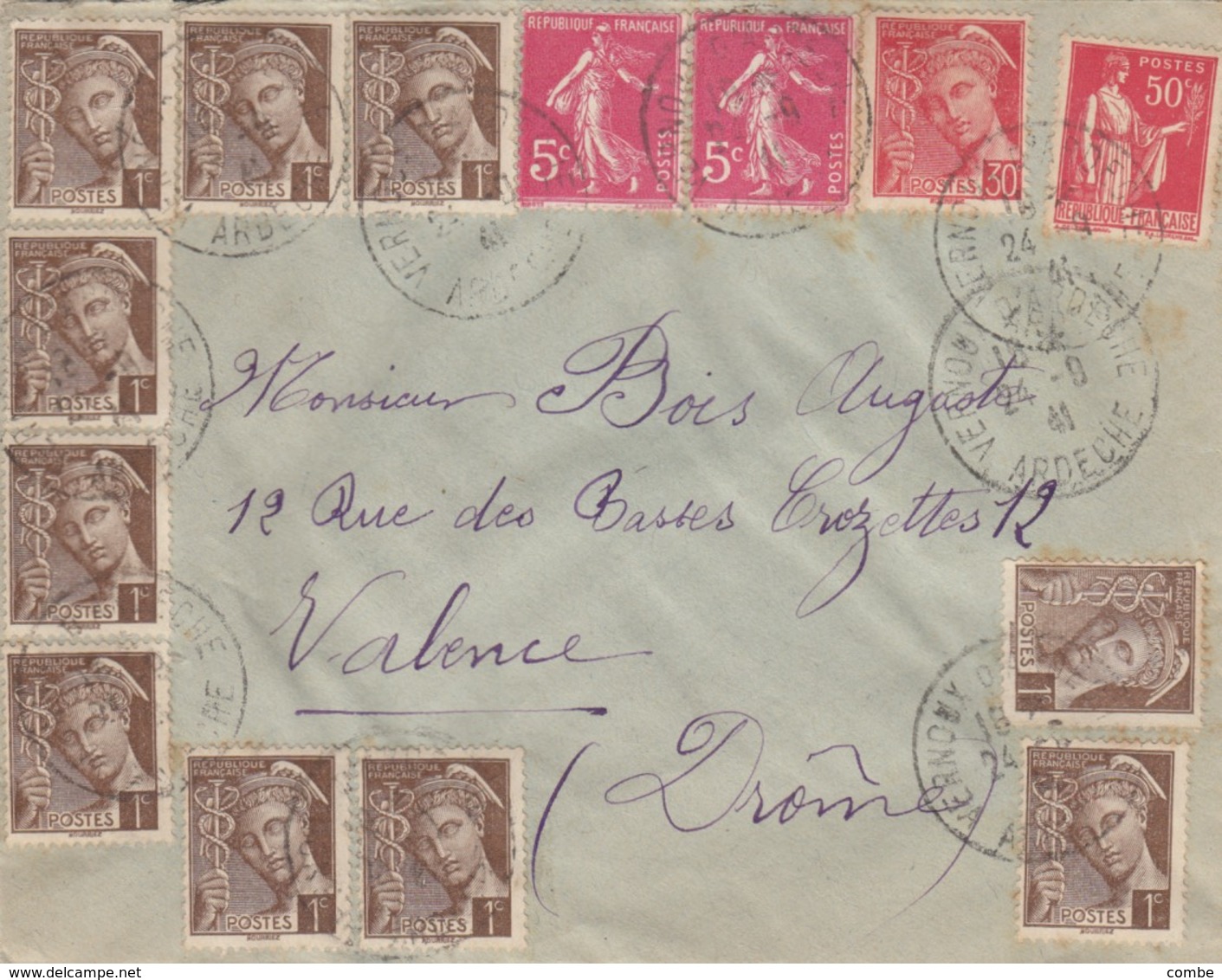 LETTRE. COVER. FRANCE. 1941. VERNOUX D'ARDECHE TO VALENCE. 14 STAMPS  /  2 - Sonstige & Ohne Zuordnung