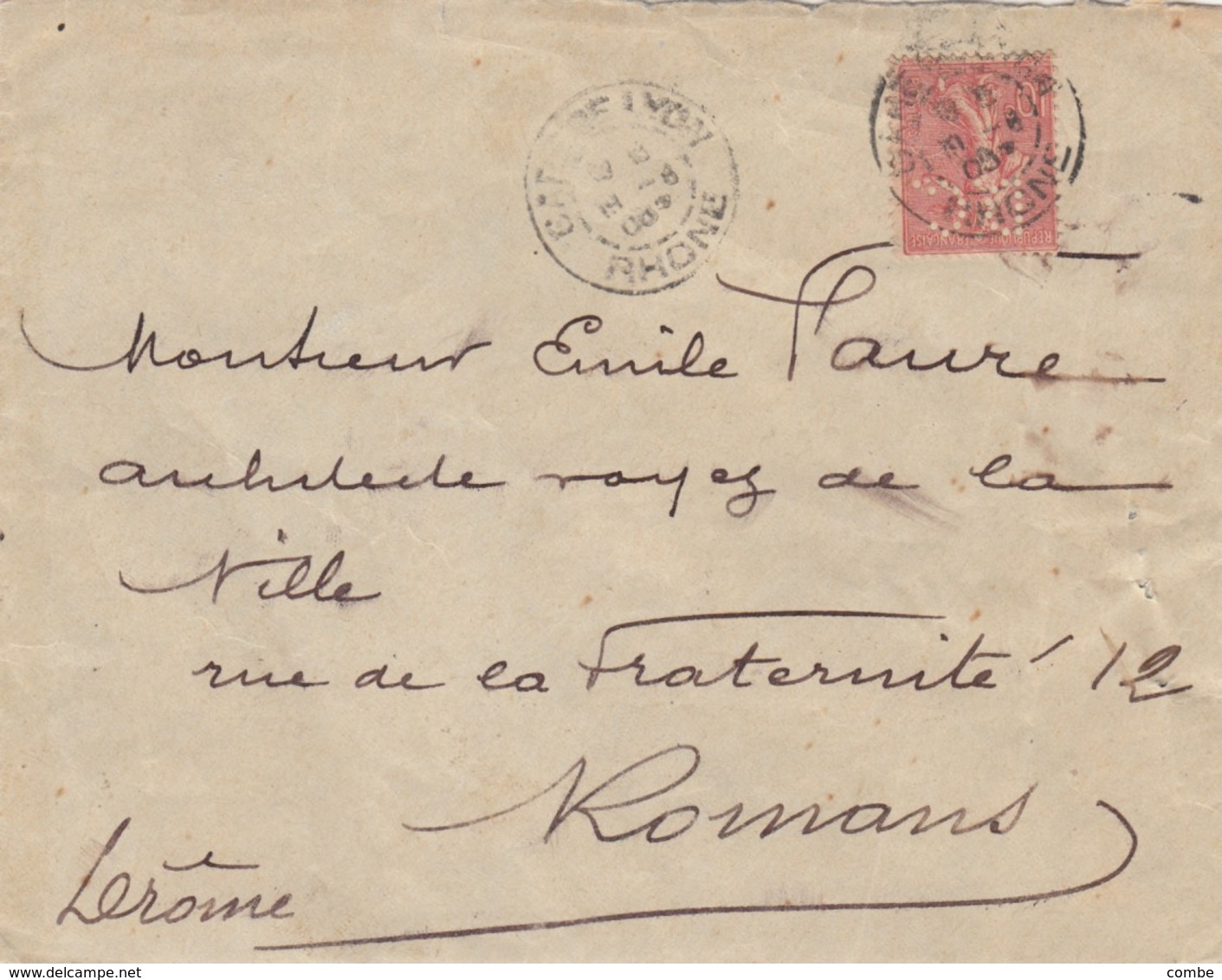 LETTRE. COVER. FRANCE. 19O9. SEMEUSE LIGNEE 10c PERFIN D.C. GARE DE LYON RHONE TO ROMANS DROME  /  2 - Sonstige & Ohne Zuordnung