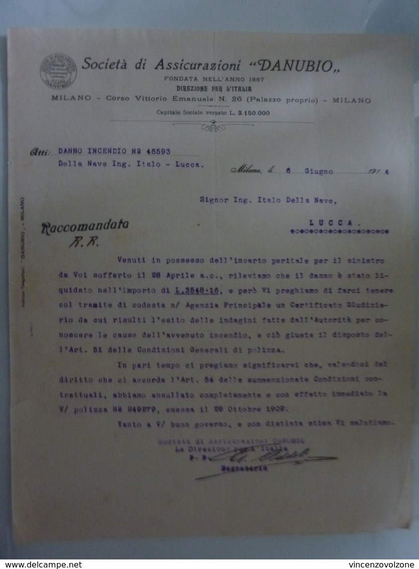 Lettera Commerciale "SOCIETA' DI ASSICURAZIONE DANUBIO MILANO" 6 Giugno 1916 - Italia