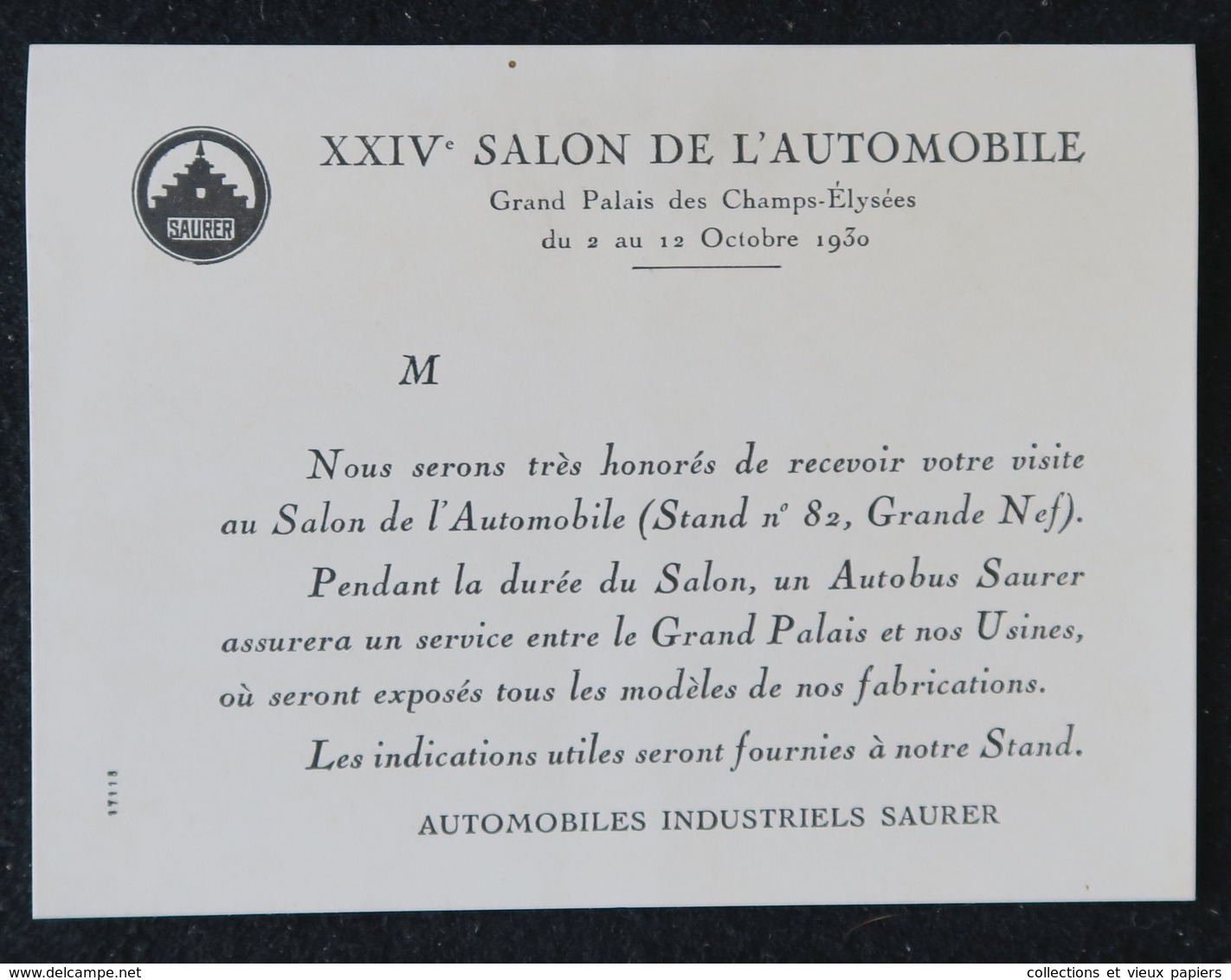 Automobiles Industriels SAURER Suresnes 1930 - Invitation XXIVème Salon De L'automobile - Auto's