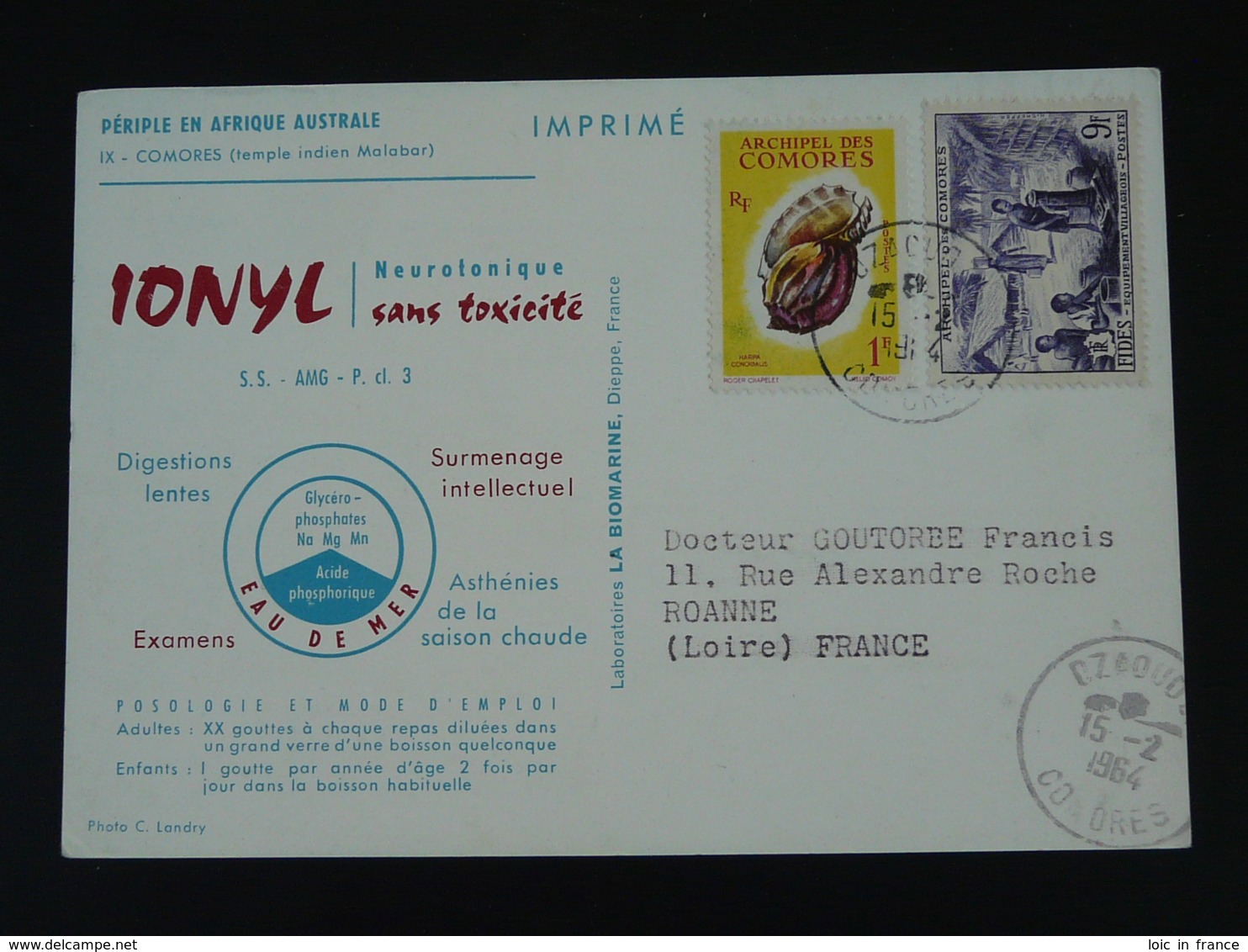 Carte Publicitaire Laboratoires Biomarine Ionyl Coquillage Shell Comores 1964 (ex2) - Lettres & Documents