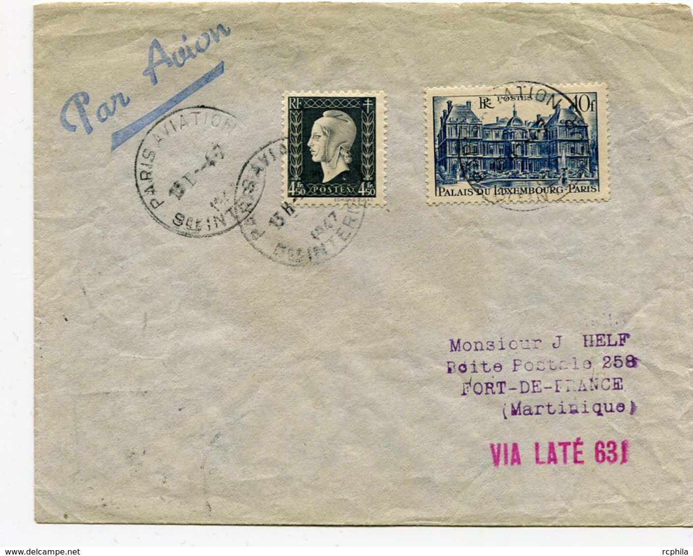 RC 11004 FRANCE 1947 LETTRE 1er VOL FRANCE MARTINIQUE + VIGNETTE FFC - 1960-.... Storia Postale