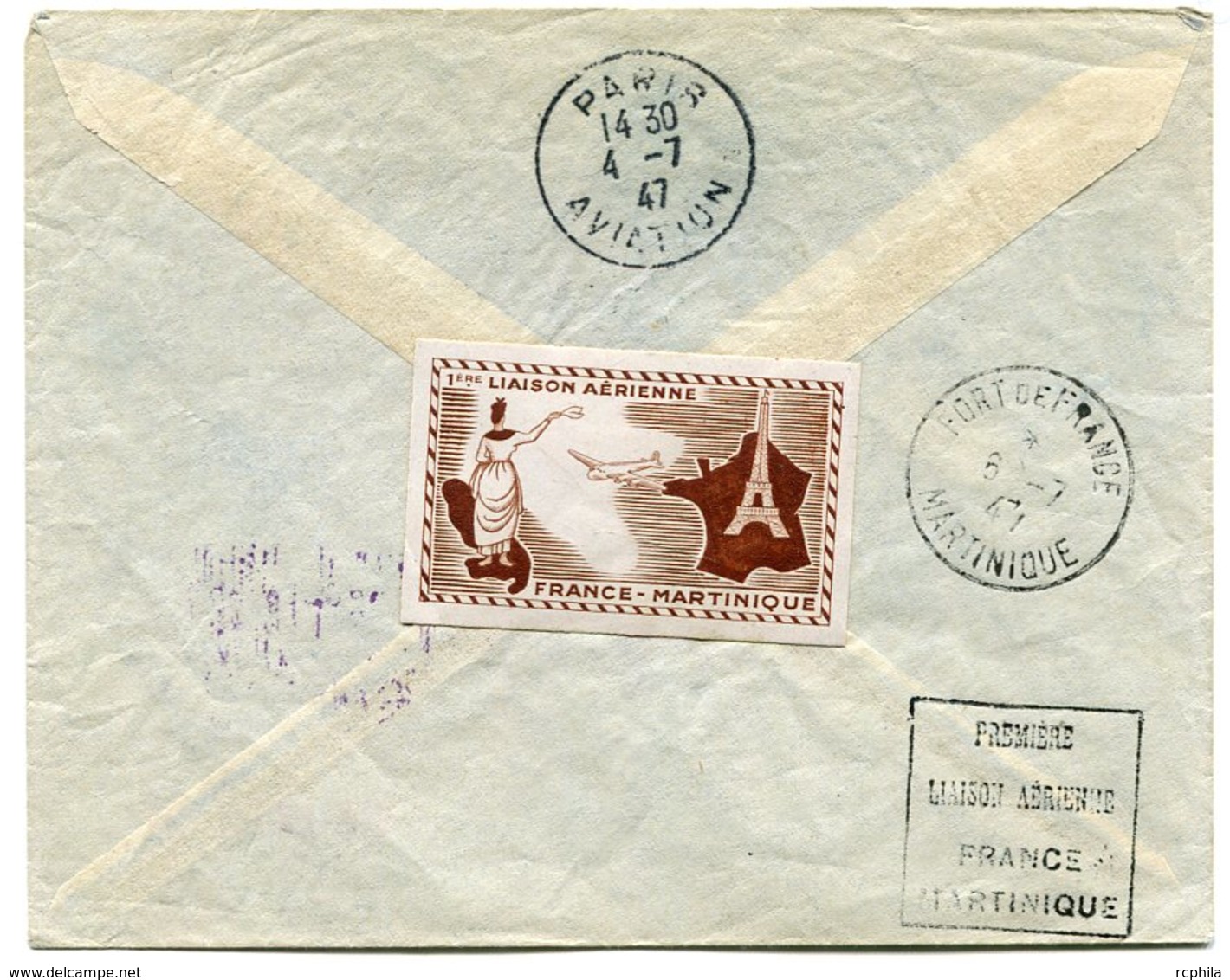 RC 11004 FRANCE 1947 LETTRE 1er VOL FRANCE MARTINIQUE + VIGNETTE FFC - 1960-.... Storia Postale