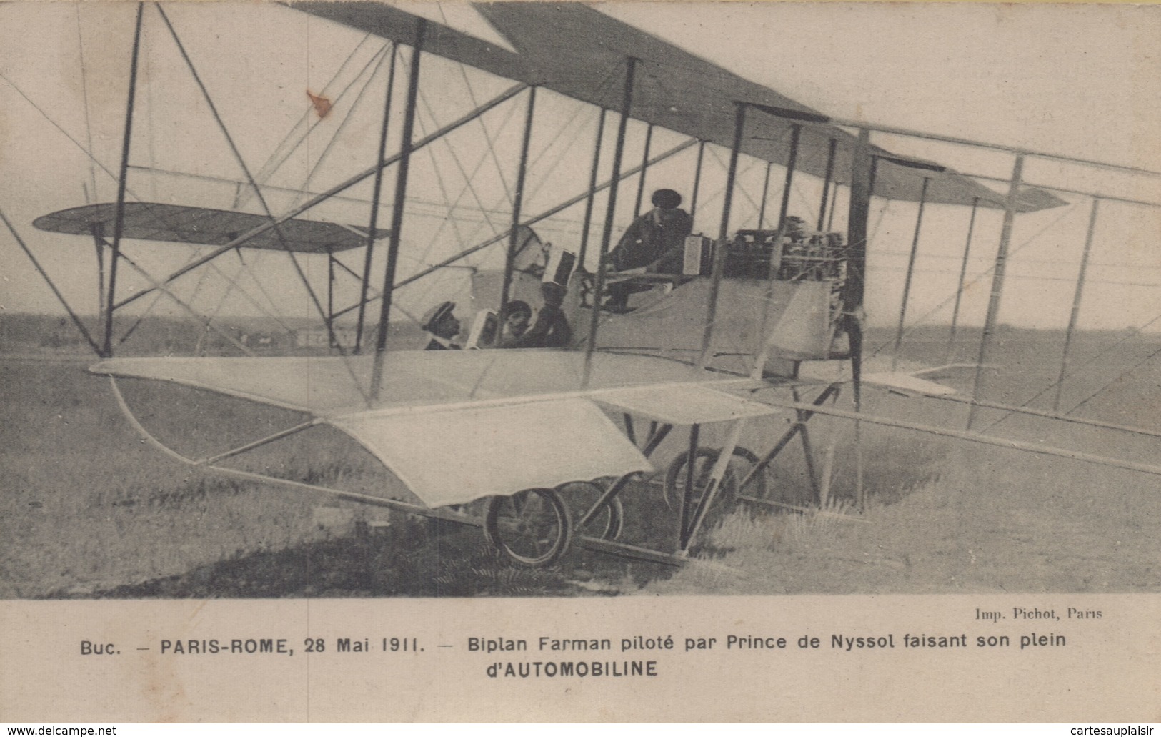 Buc : Paris-Rome, 28 Mai 1911 - Biplan Farman Piloté Par Prince De Nyssol Faisant Son Plein D'automobiline - Buc